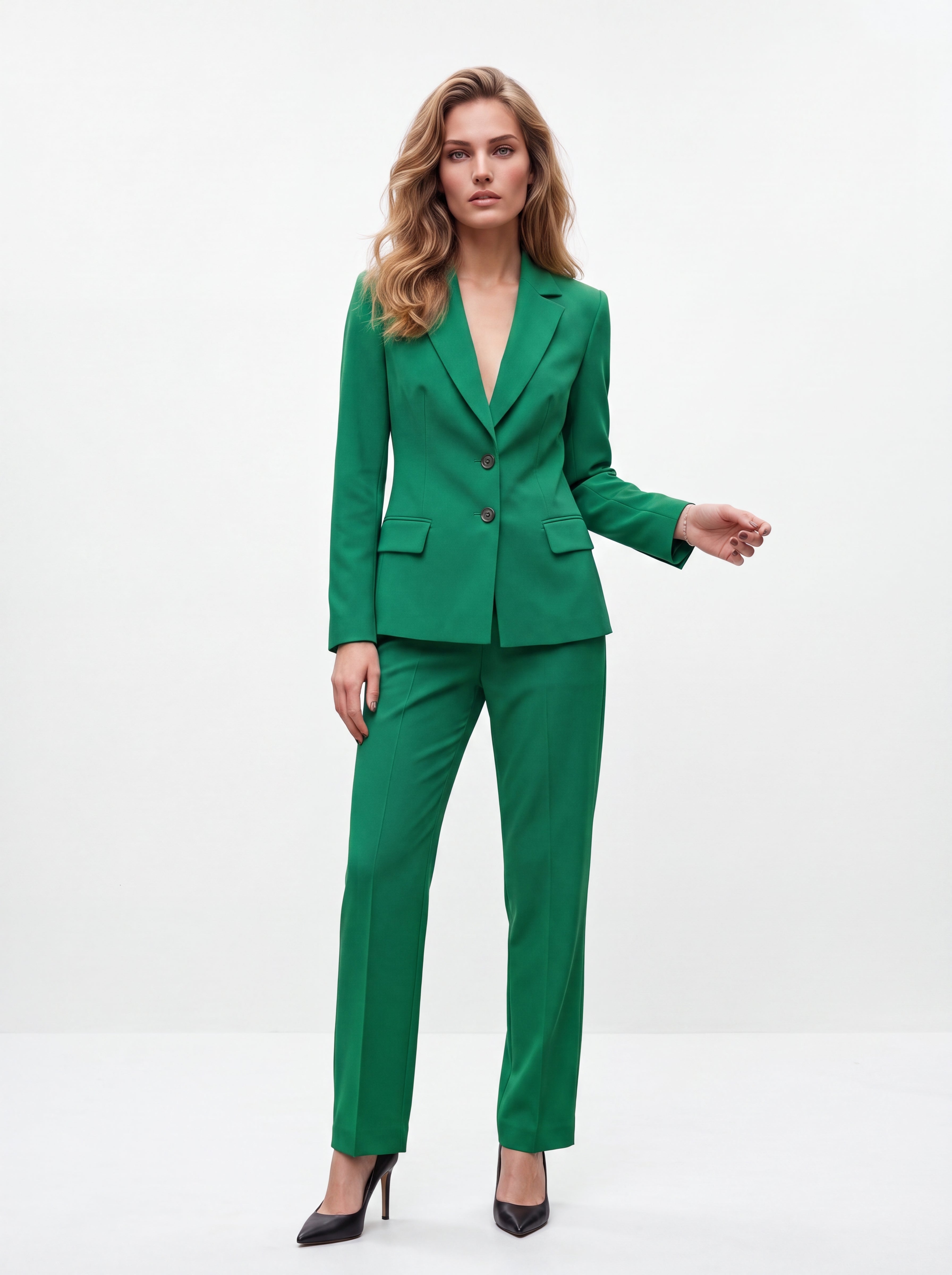 Women's Emerald Green High-Waisted Slim-Fit Tailored Trousers – Premium European Formal Office Pants