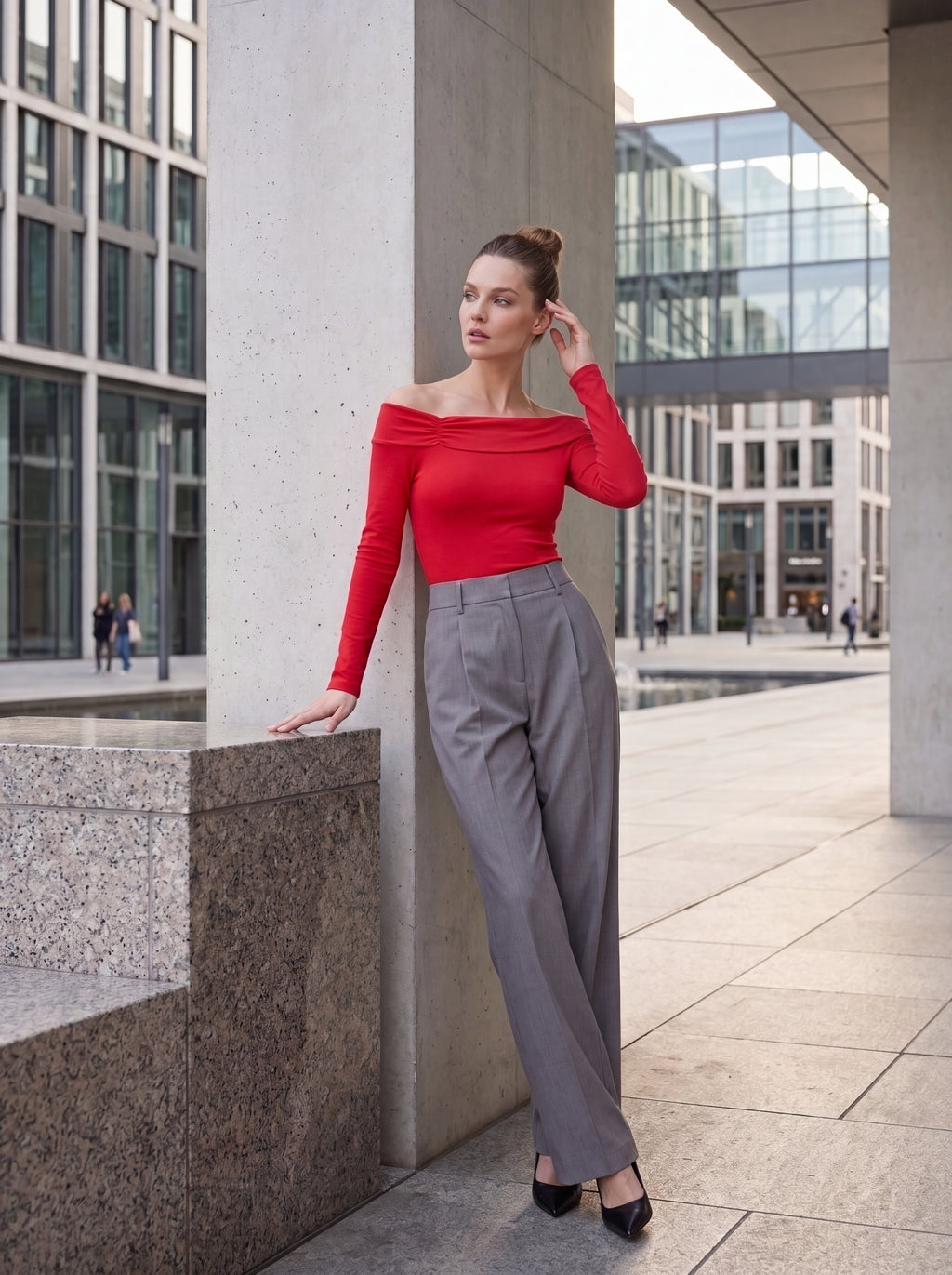 Women's Red Off-Shoulder Long Sleeve Knit Top – Elegant European Fitted Top