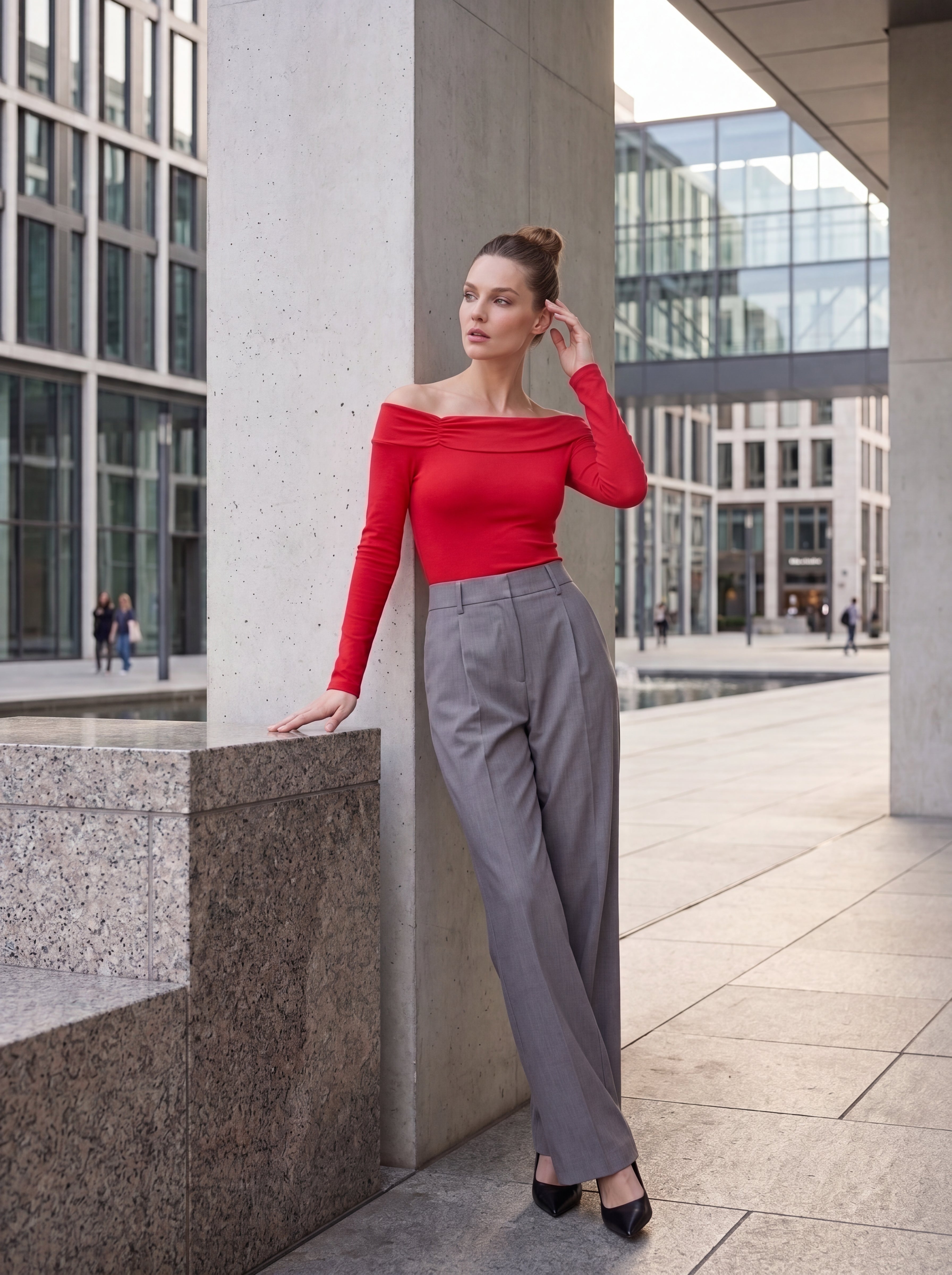 Women's Red Off-Shoulder Long Sleeve Knit Top – Elegant European Fitted Top