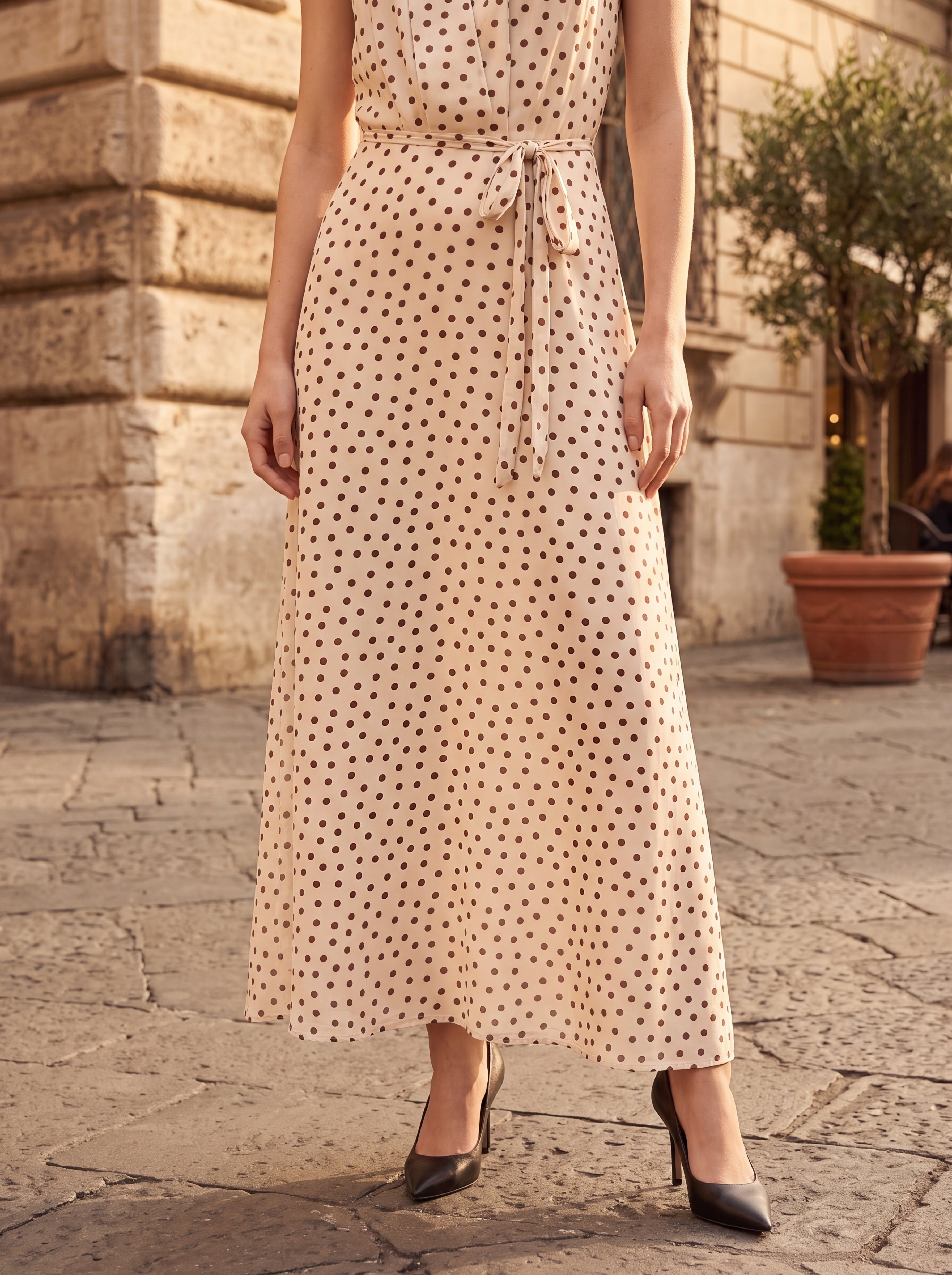 Women's Polka Dot Halter Neck Maxi Dress – Beige