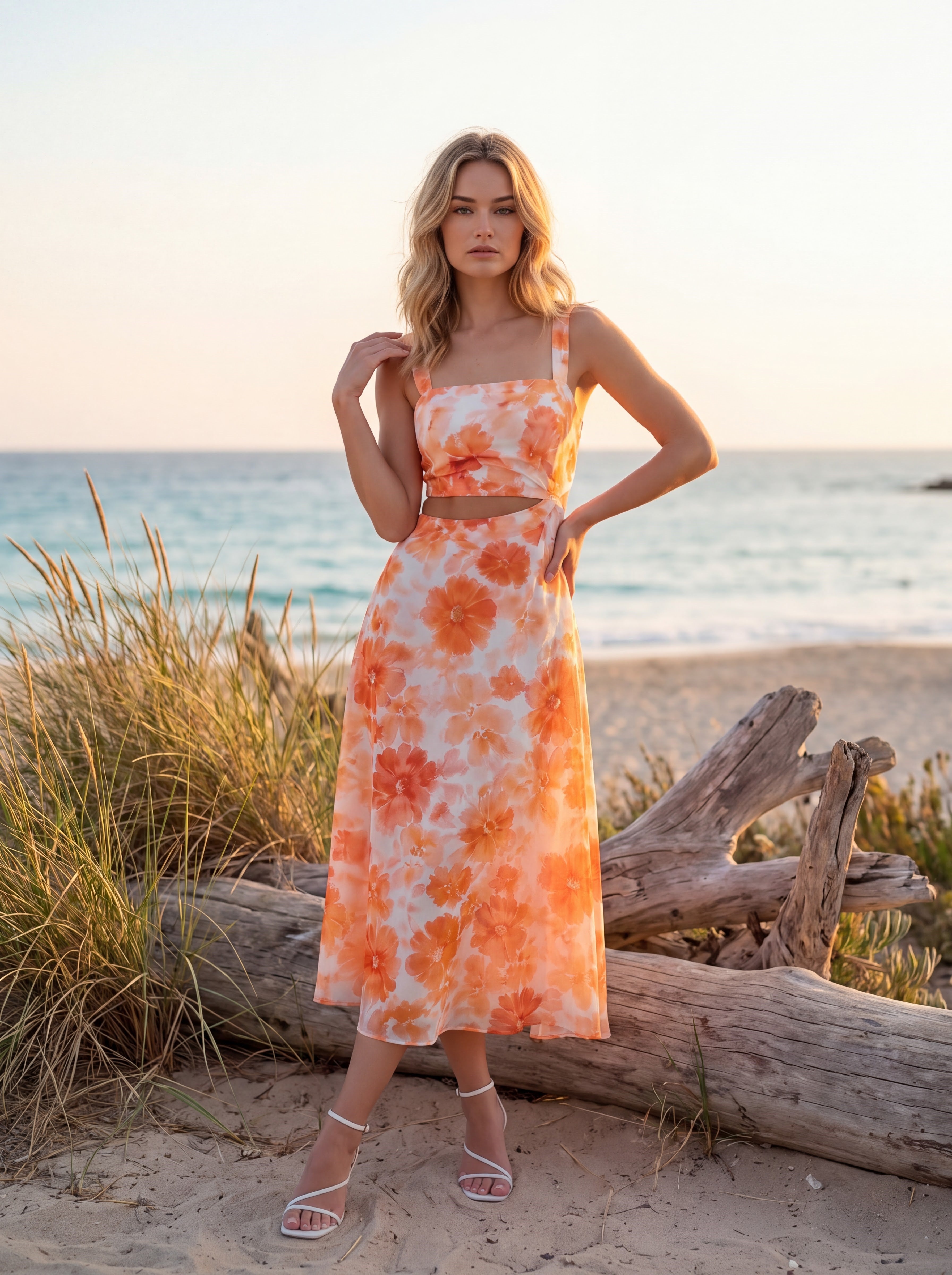Orange Floral Cut-Out Midi Dress