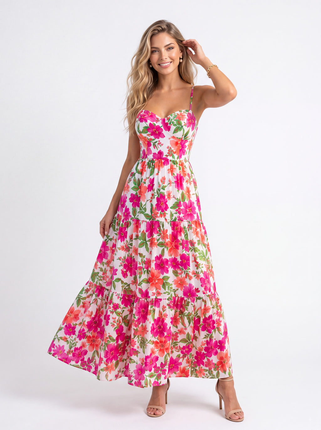 Pink Floral Tiered Maxi Dress