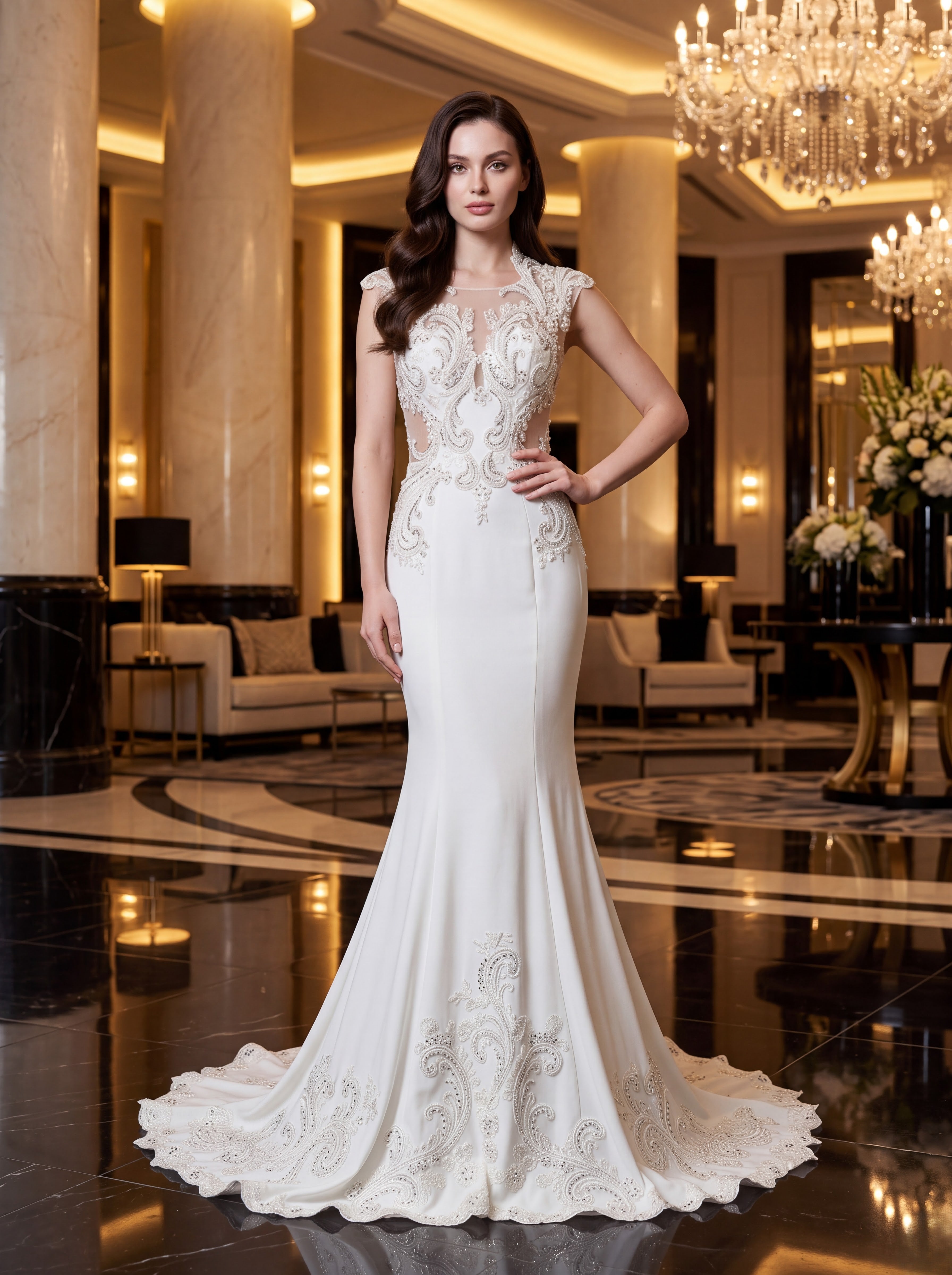 Ivory Embroidered Mermaid Evening Gown