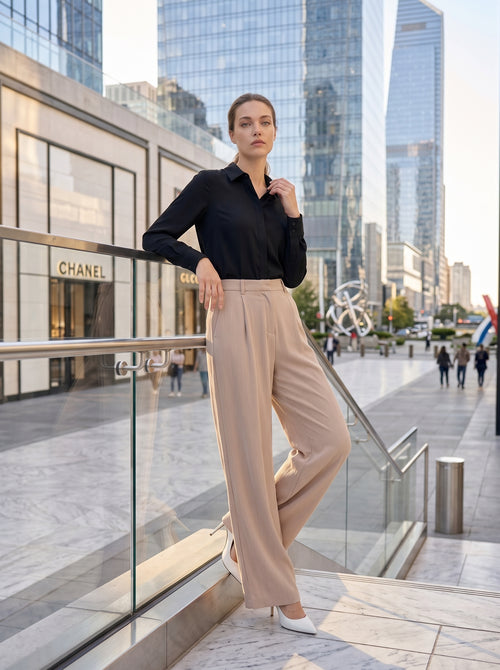 Women's Beige High-Waisted Wide Leg Tailored Trousers – Premium European Office Wear