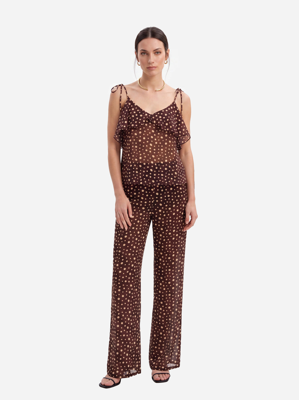 Women's Brown Polka Dot Ruffle Cami Top | Premium European Sleeveless Printed Blouse