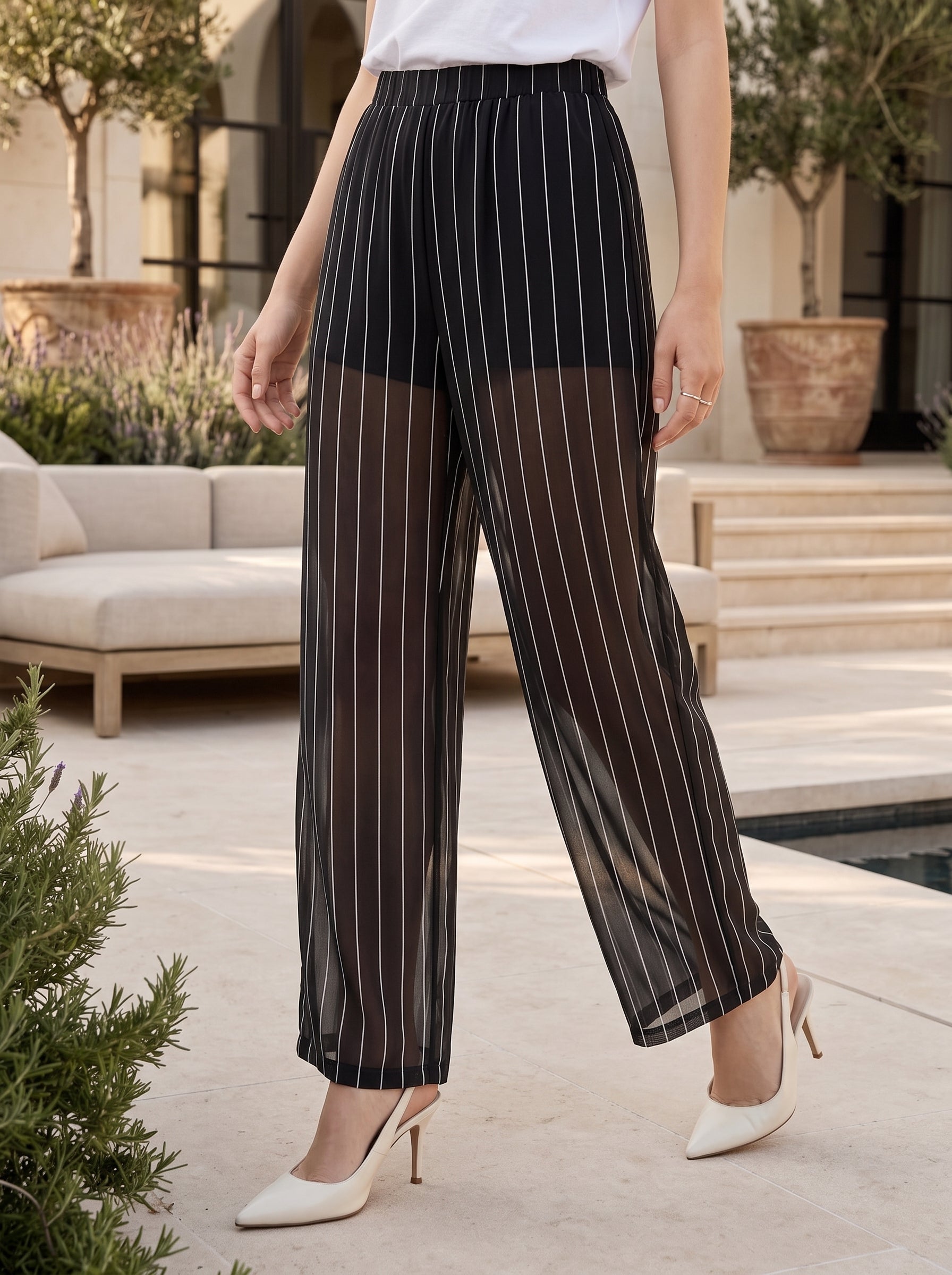 Women's Black Pinstripe Sheer Wide Leg Pants – Premium High-Waisted Statement Trousers