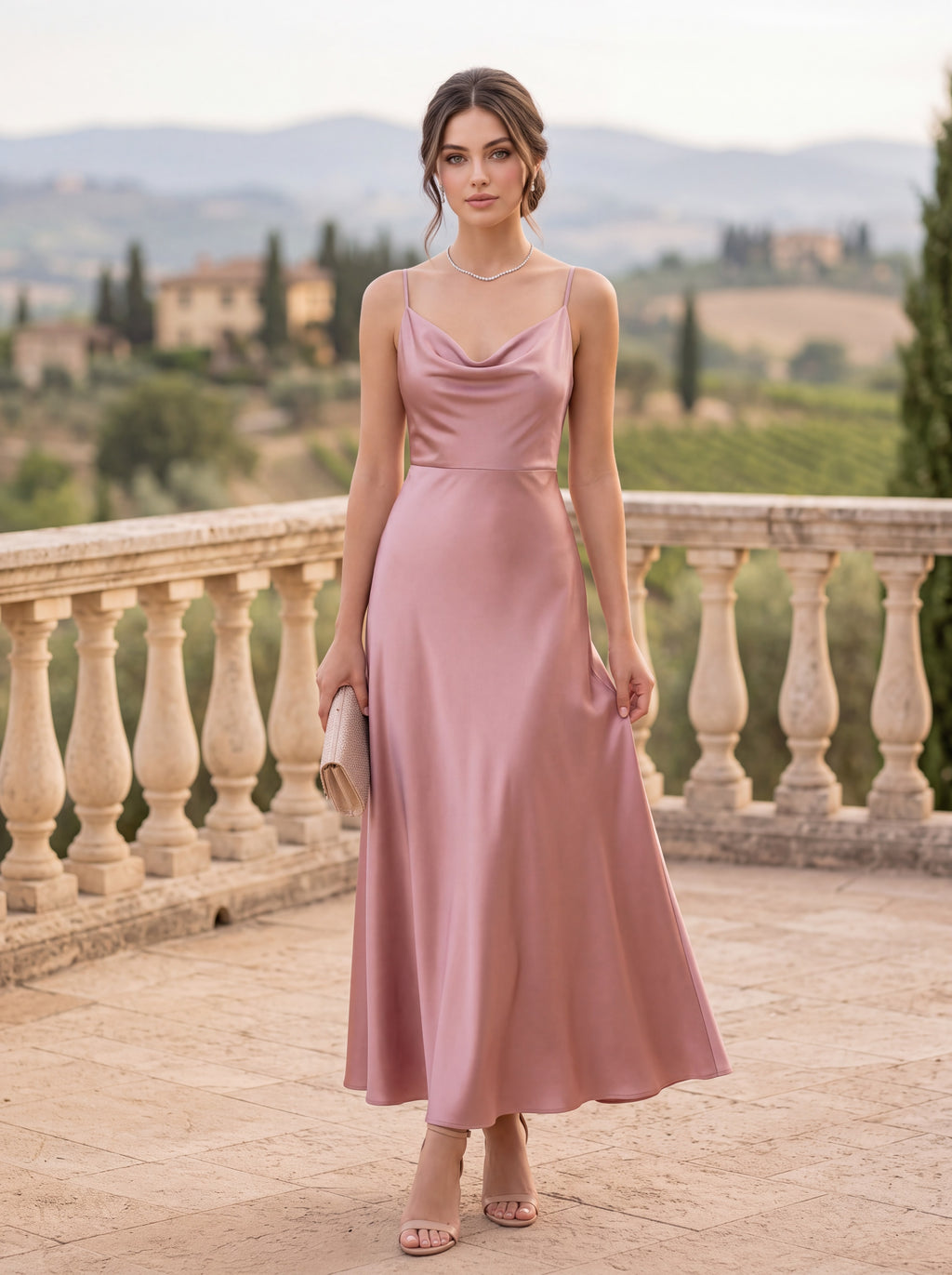 Dusty Rose Satin Slip Midi Dres