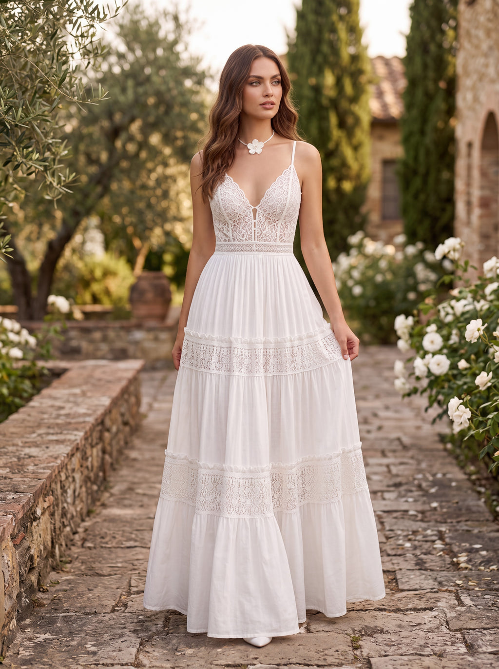White Lace Tiered Maxi Dress