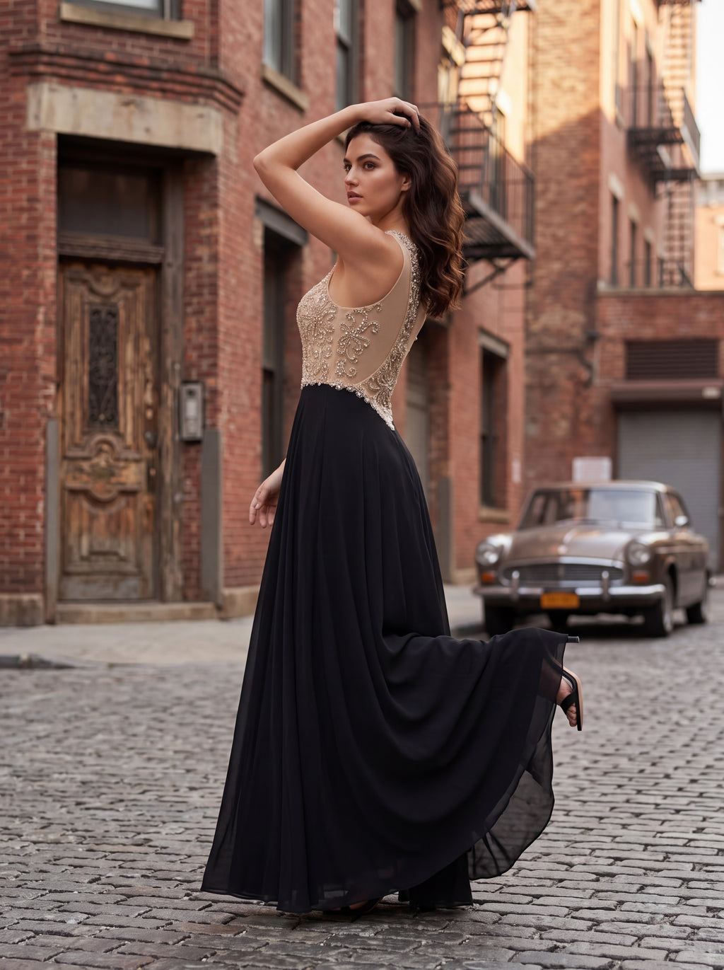 Black & Champagne Embellished Evening Gown