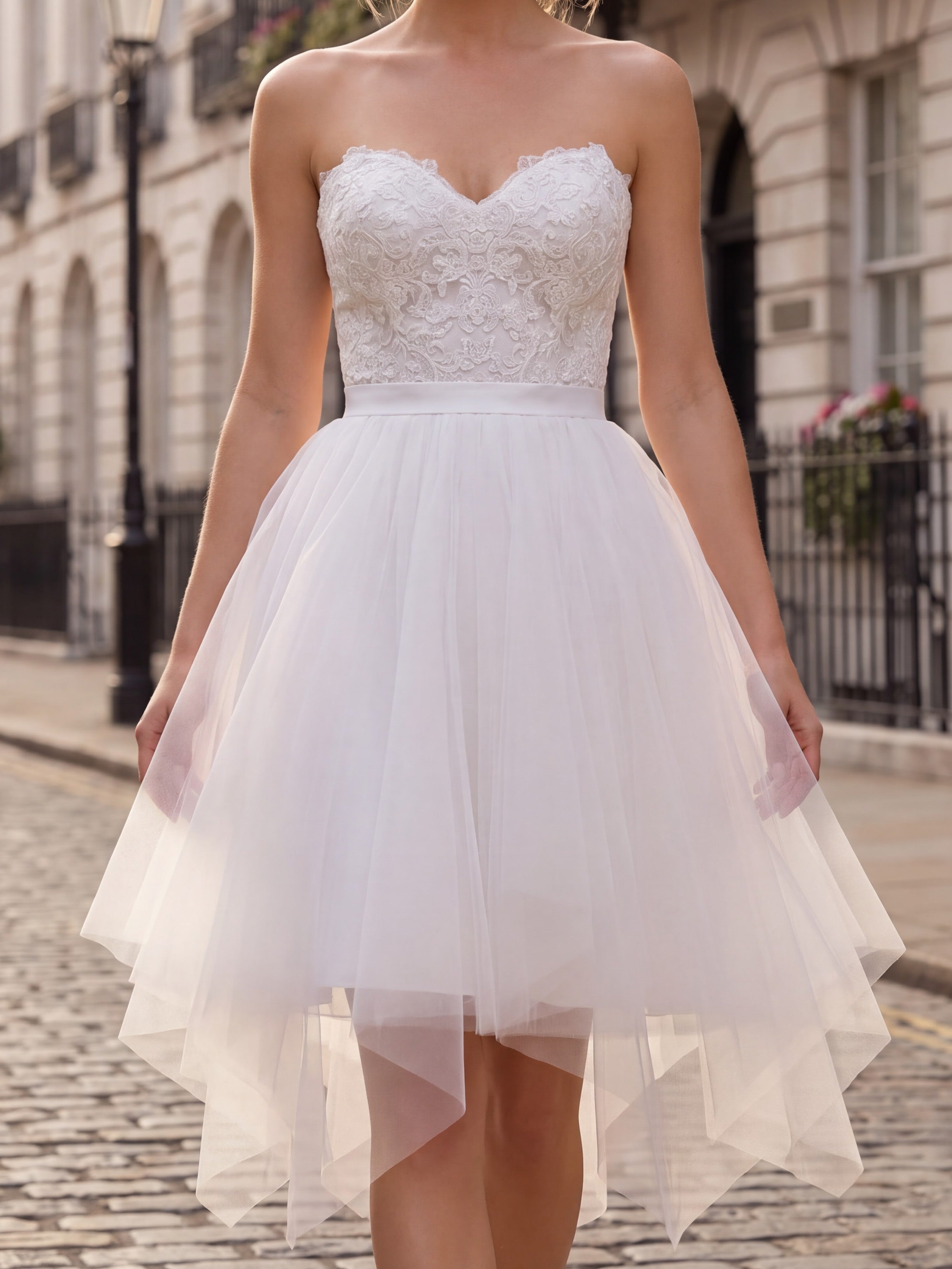 White Strapless Lace Tulle Cocktail Dress