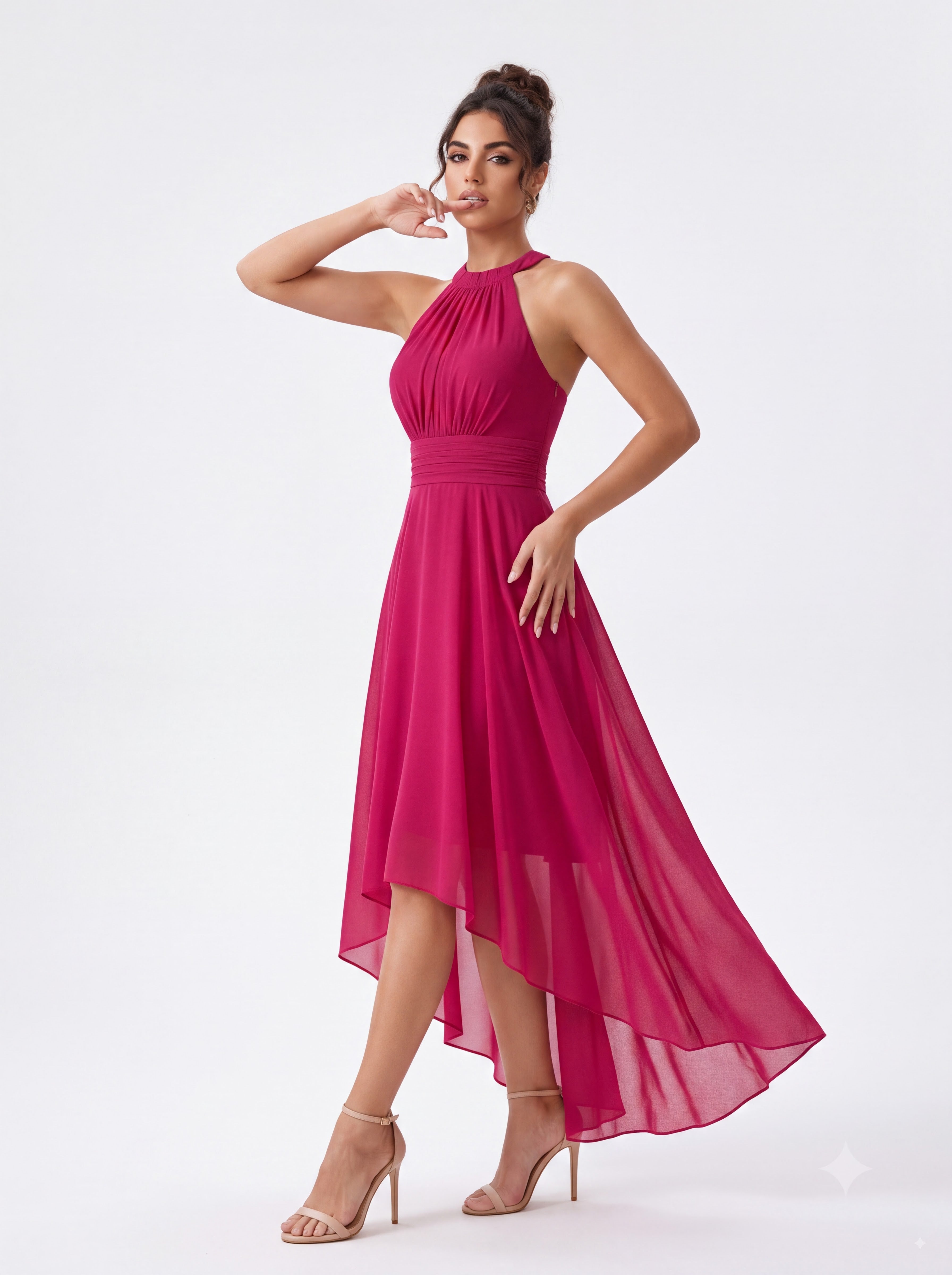 Fuchsia High-Low Chiffon Halter Dress