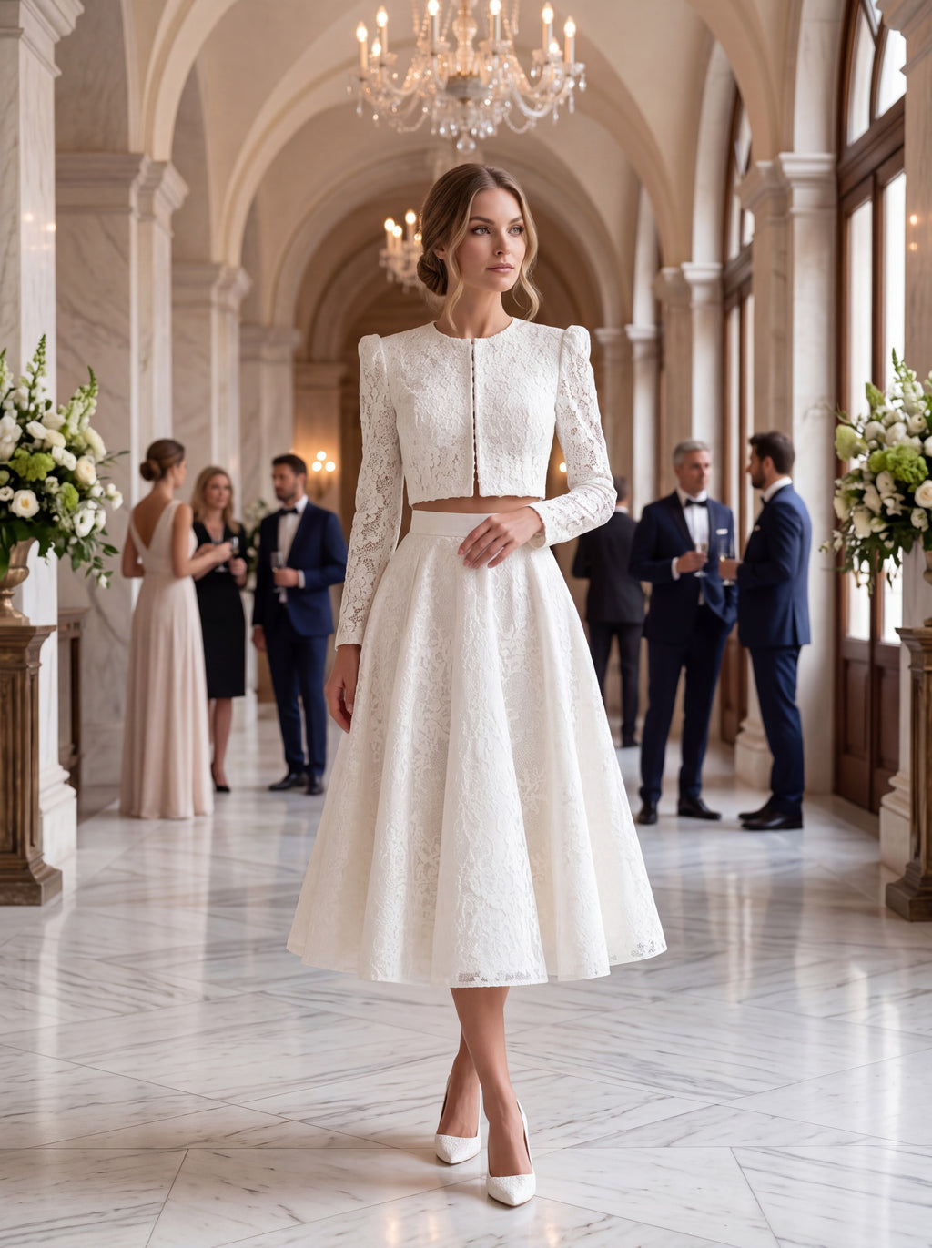 Ivory Lace Two-Piece Midi Dress Set