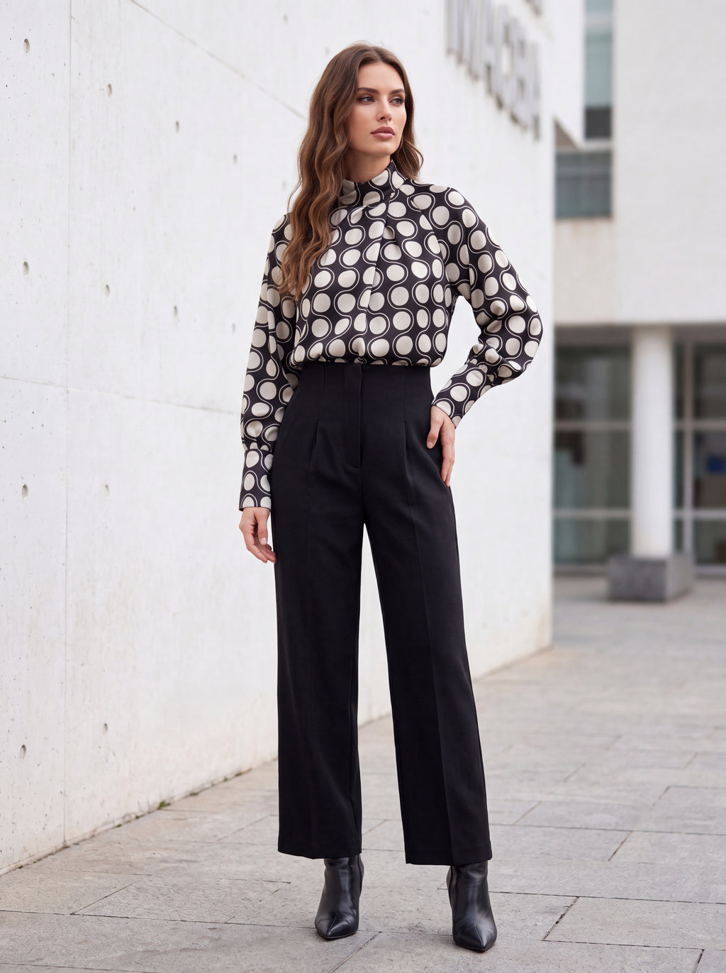 Women's Black & Beige Polka Dot High Neck Blouse | Premium Printed Long Sleeve Top