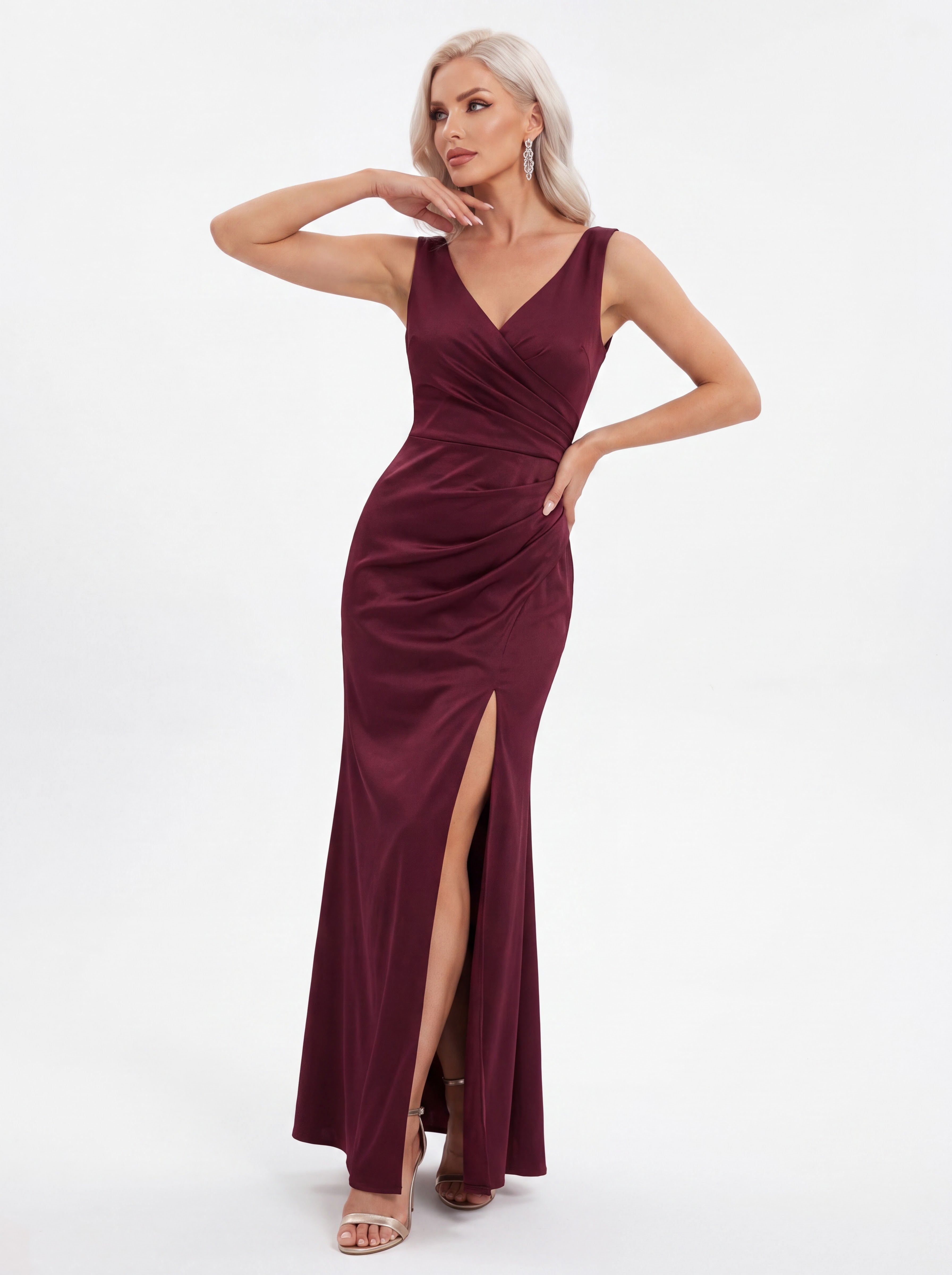 Burgundy Satin Wrap Evening Gown