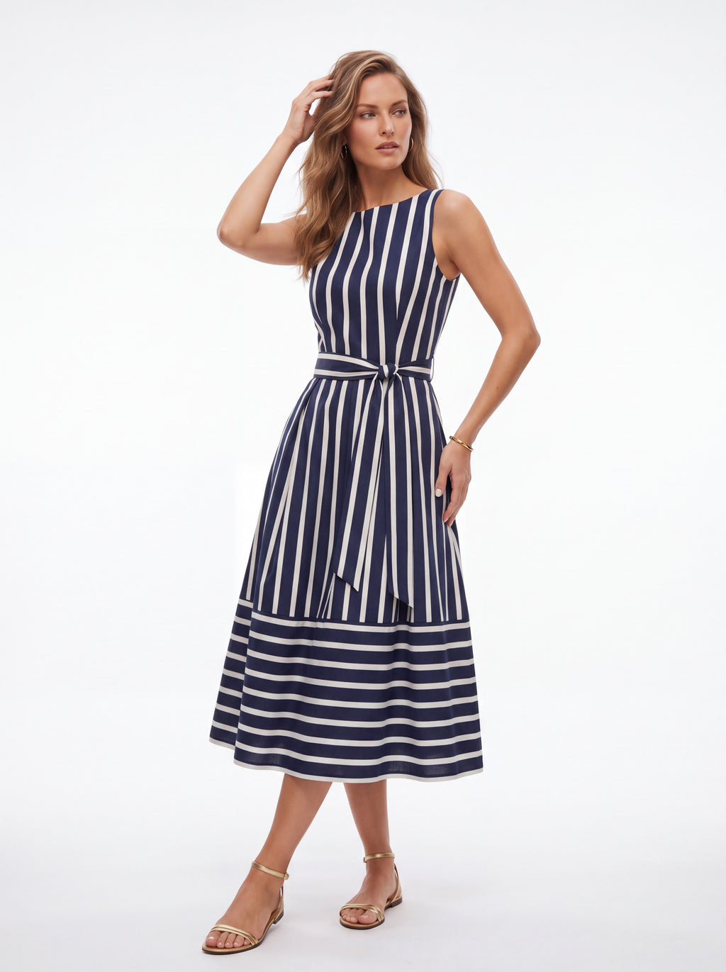 Navy & White Striped Sleeveless Midi Dress