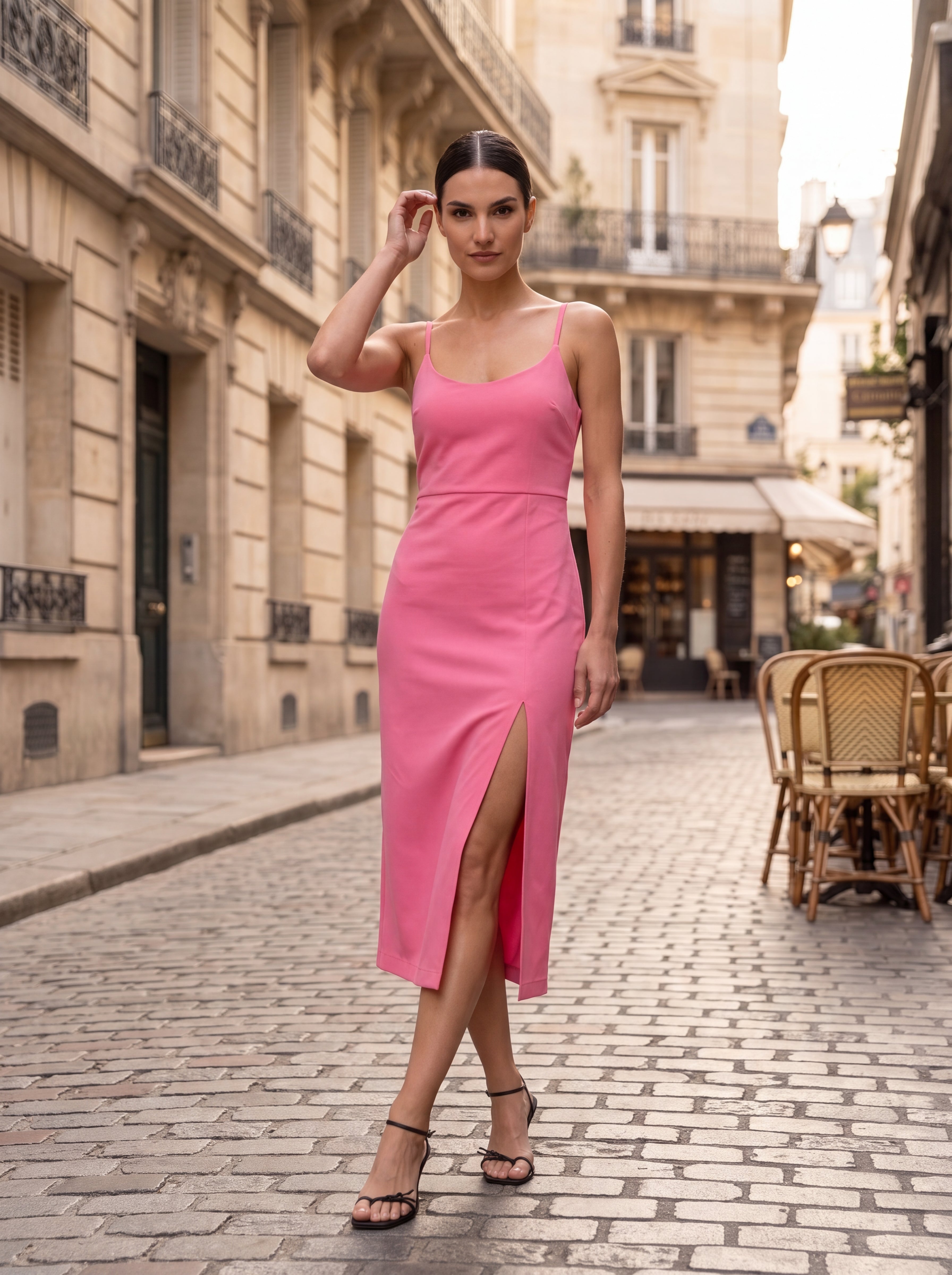 Women's Pink Square Neck Midi Dress – Elegant Sleeveless Bodycon Dress with Front Slit