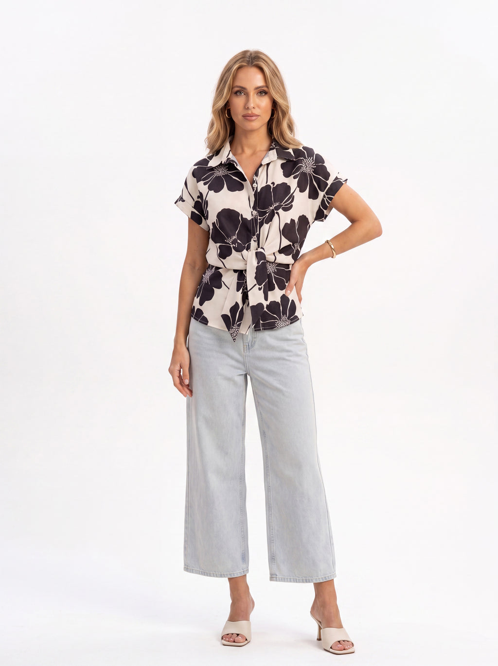 Women's Floral Print Tie-Waist Shirt | Elegant Short Sleeve Button-Down Shirt