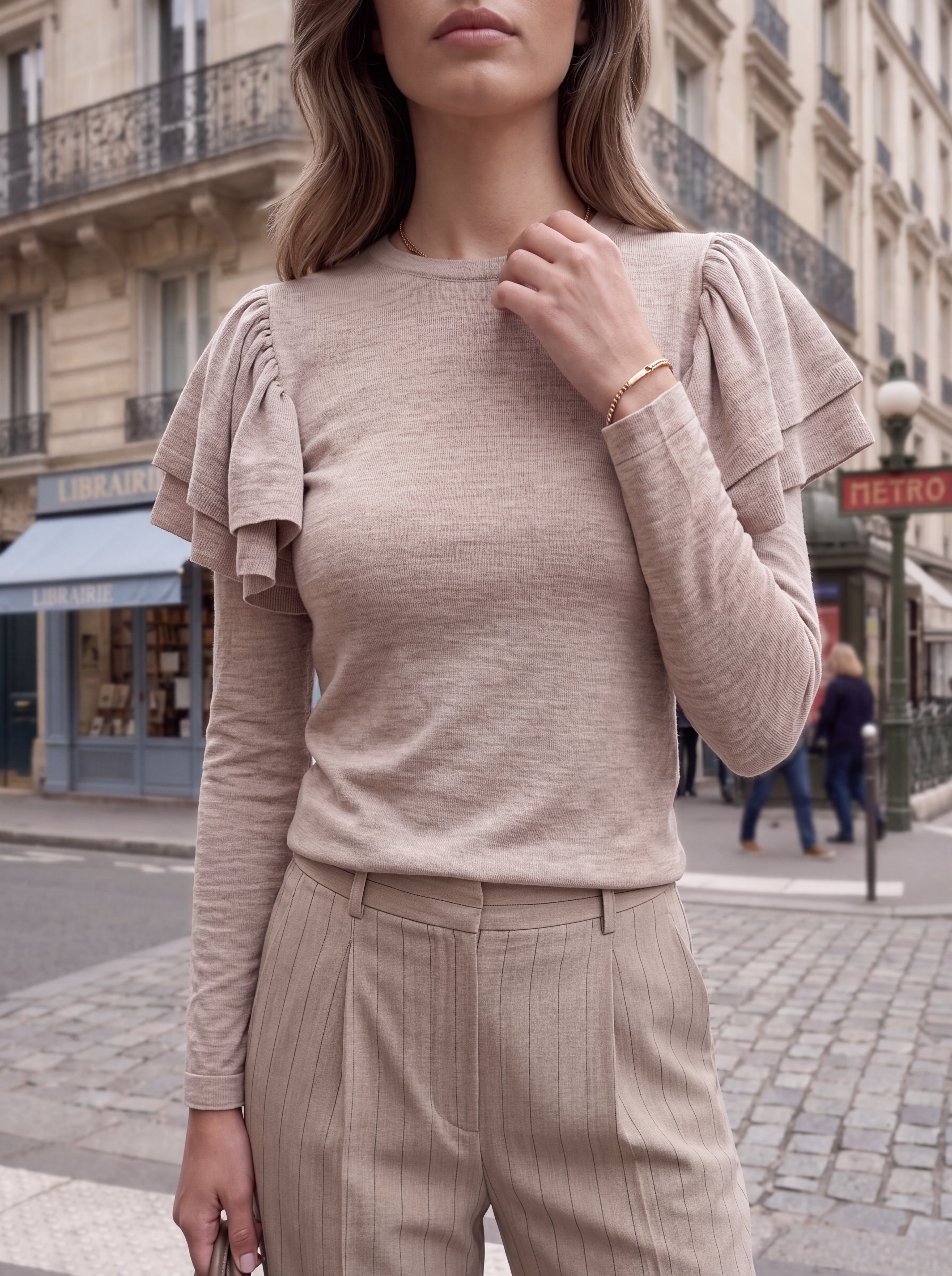 Women's Beige Ruffle Shoulder Long Sleeve Knit Top – Elegant European Statement Top
