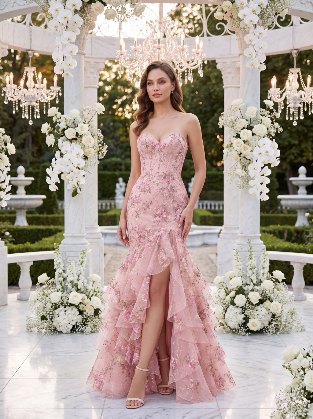 Blush Pink Floral Embroidered Strapless High Slit Evening Gown
