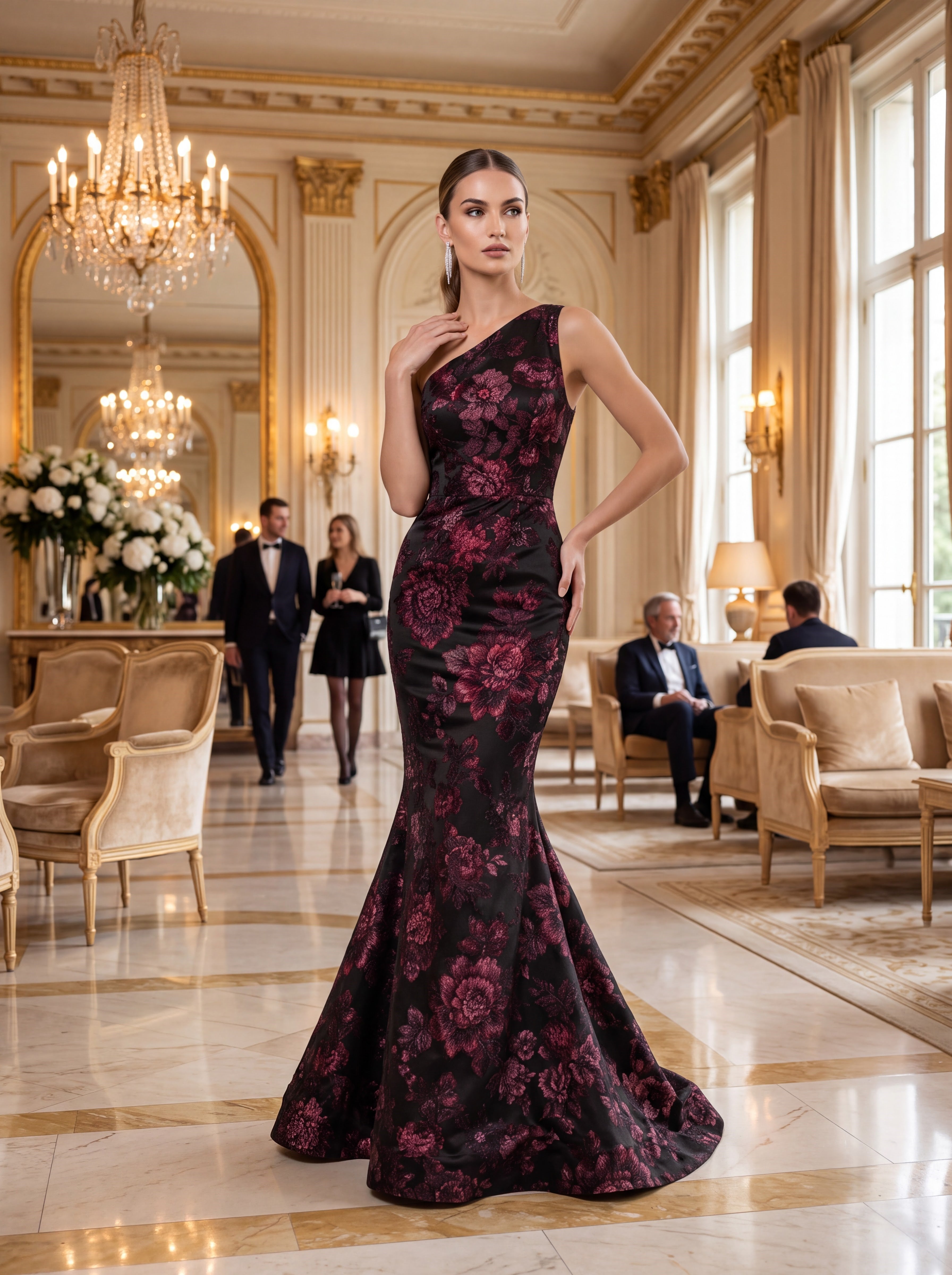 Black & Burgundy Floral Mermaid Evening Gown