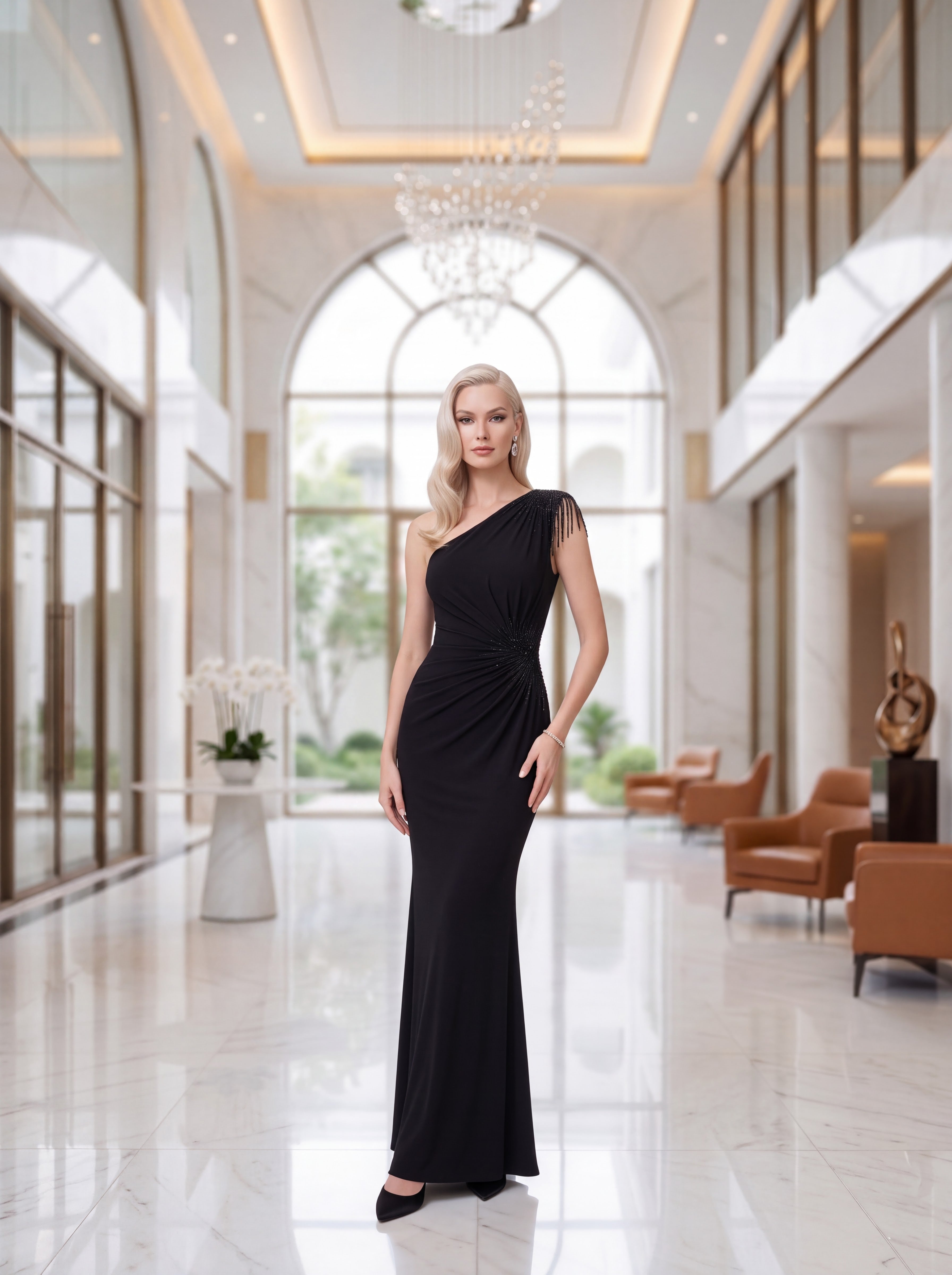 Black One-Shoulder Embellished Evening Gown