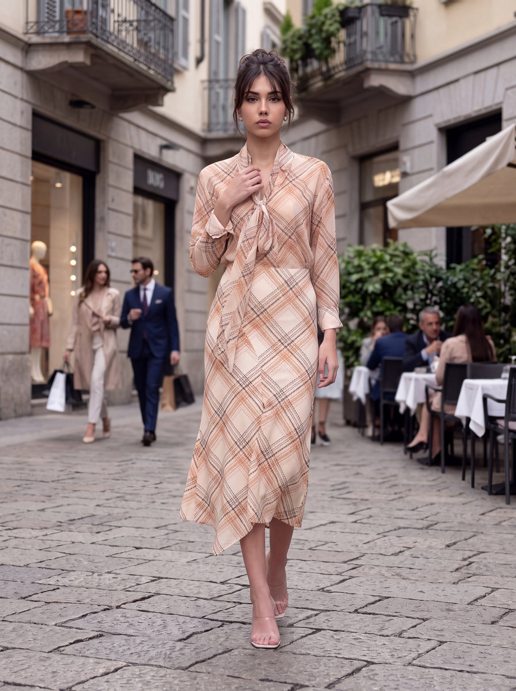 Women's Blush Check Print Tie-Neck Midi Dress