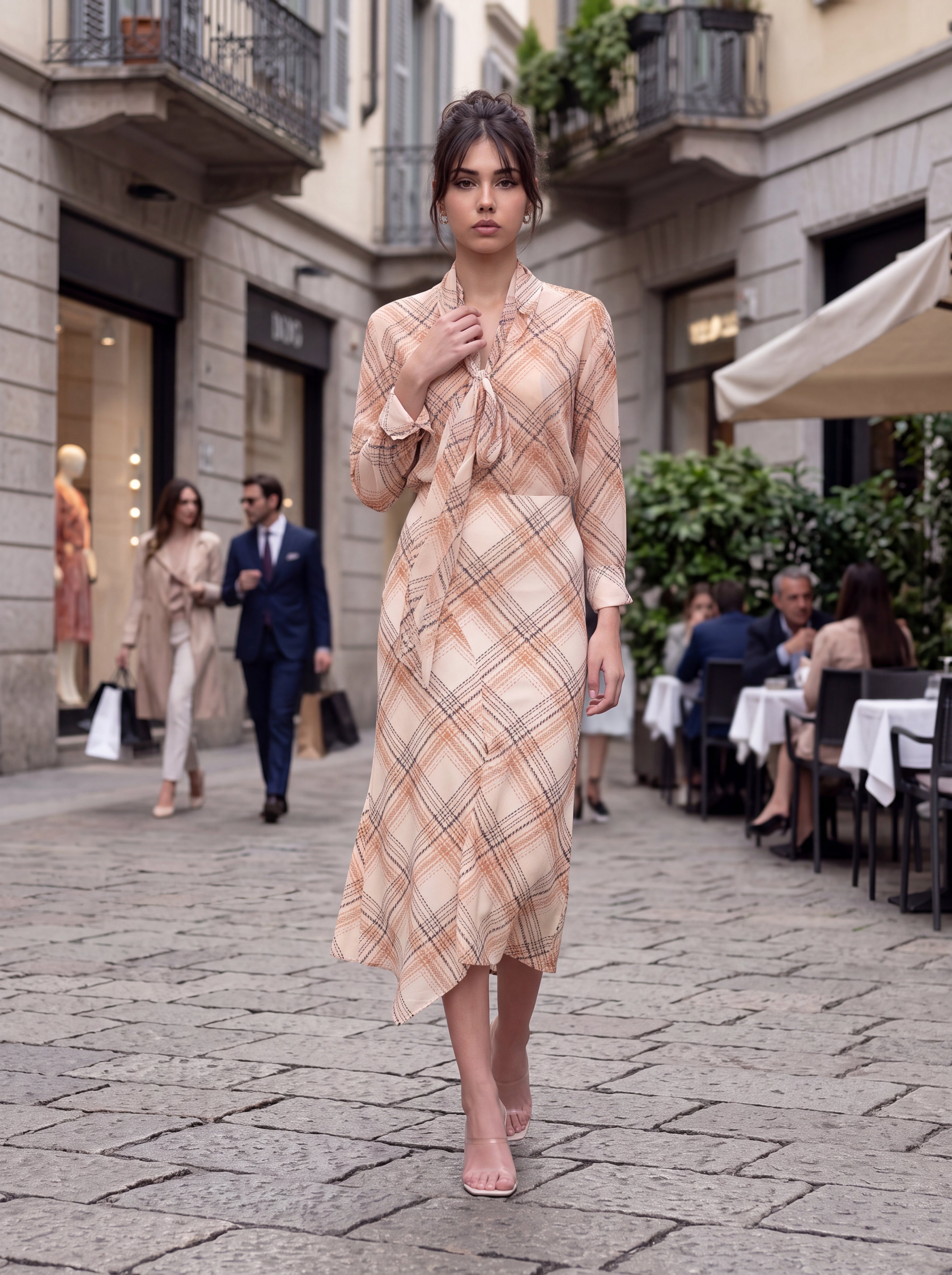 Women's Blush Check Print Tie-Neck Midi Dress