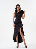Black One-Shoulder Ruffle Evening Dress