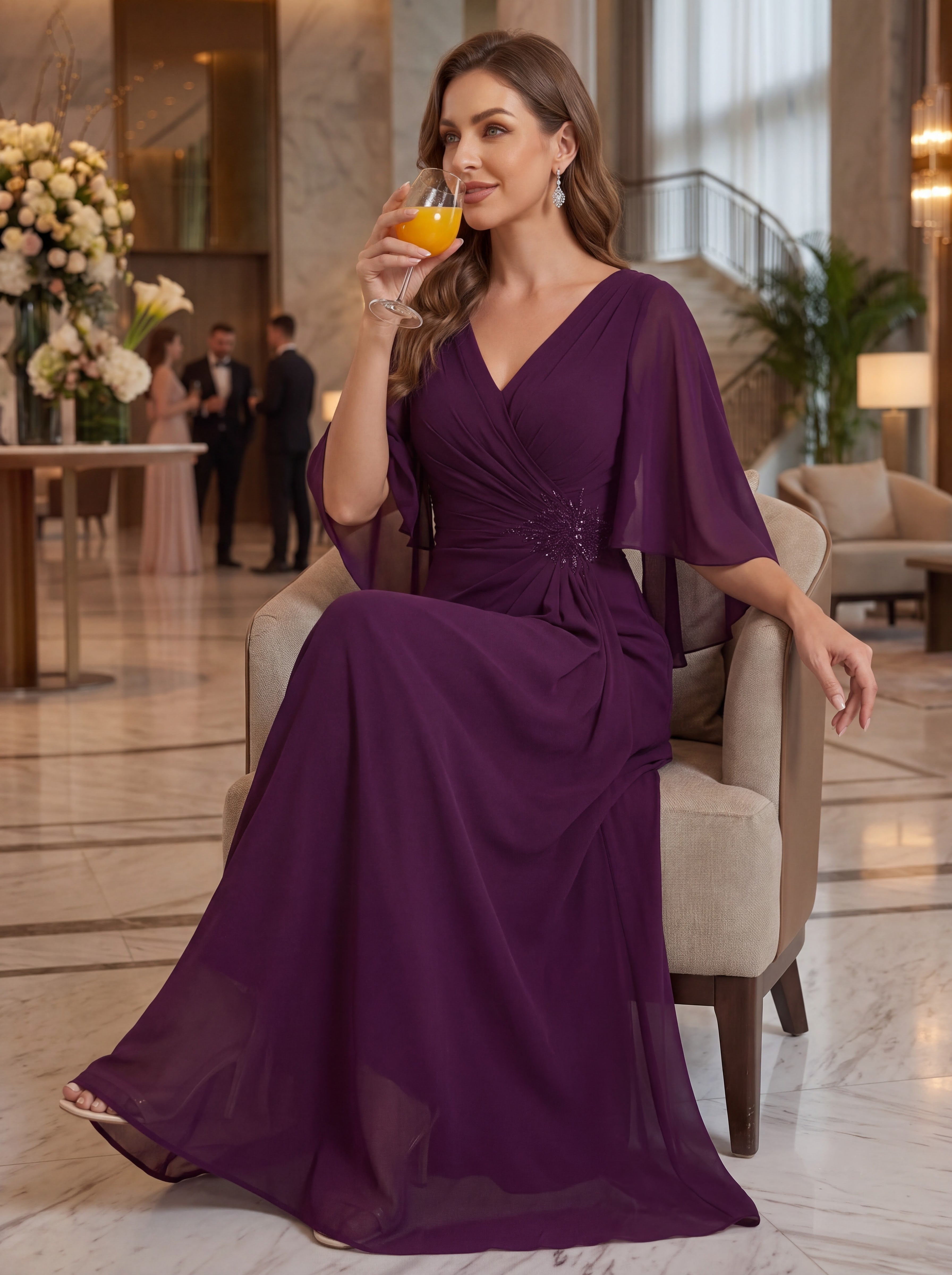 Plum Chiffon Cape Sleeve Evening Gown