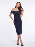 Navy Off-Shoulder Lace Bodycon Midi Dress