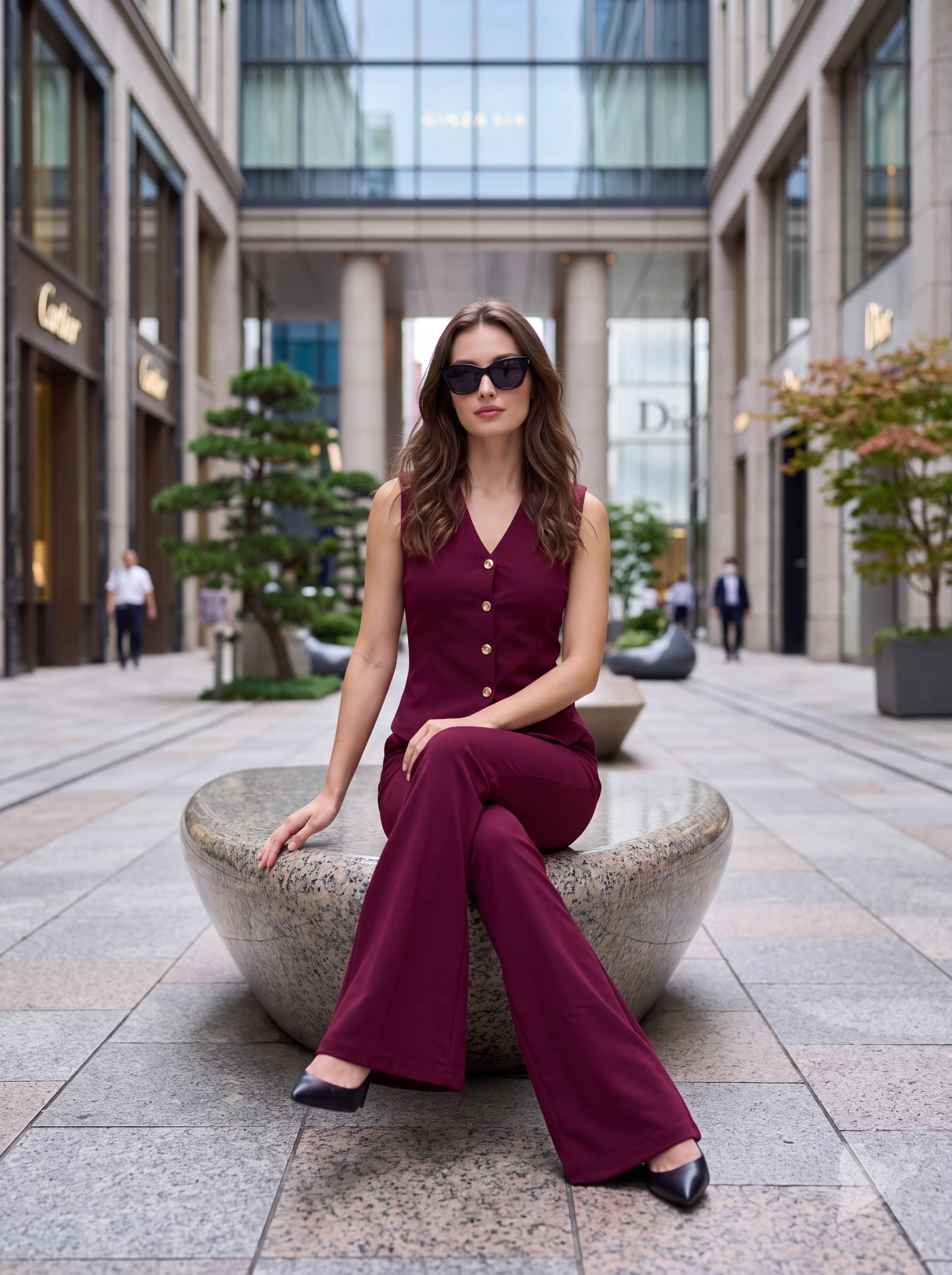 Women's Burgundy Tailored Vest & Flared Trousers Pair Collection | Premium European Women's Pair