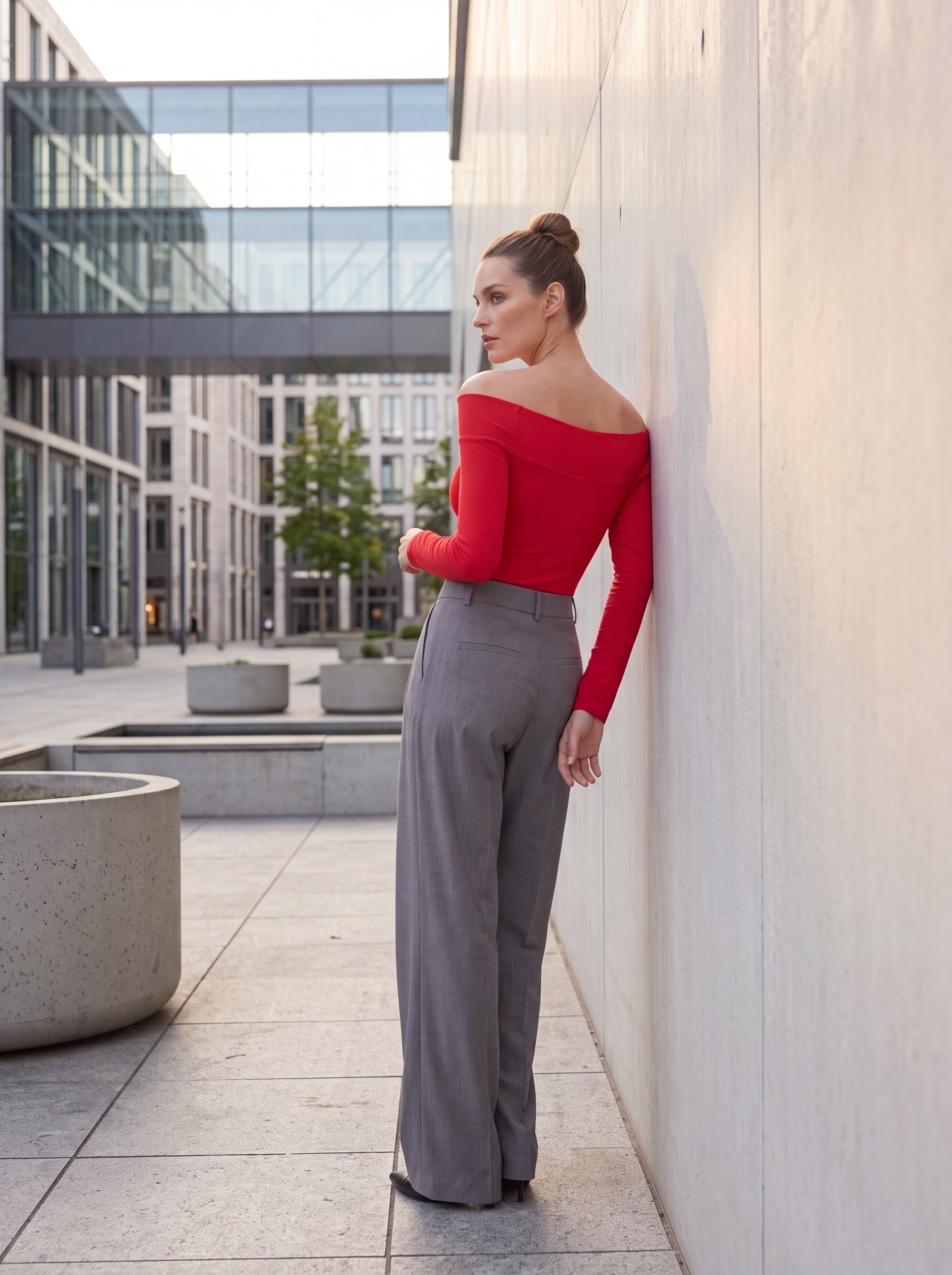 Women's Red Off-Shoulder Long Sleeve Knit Top – Elegant European Fitted Top