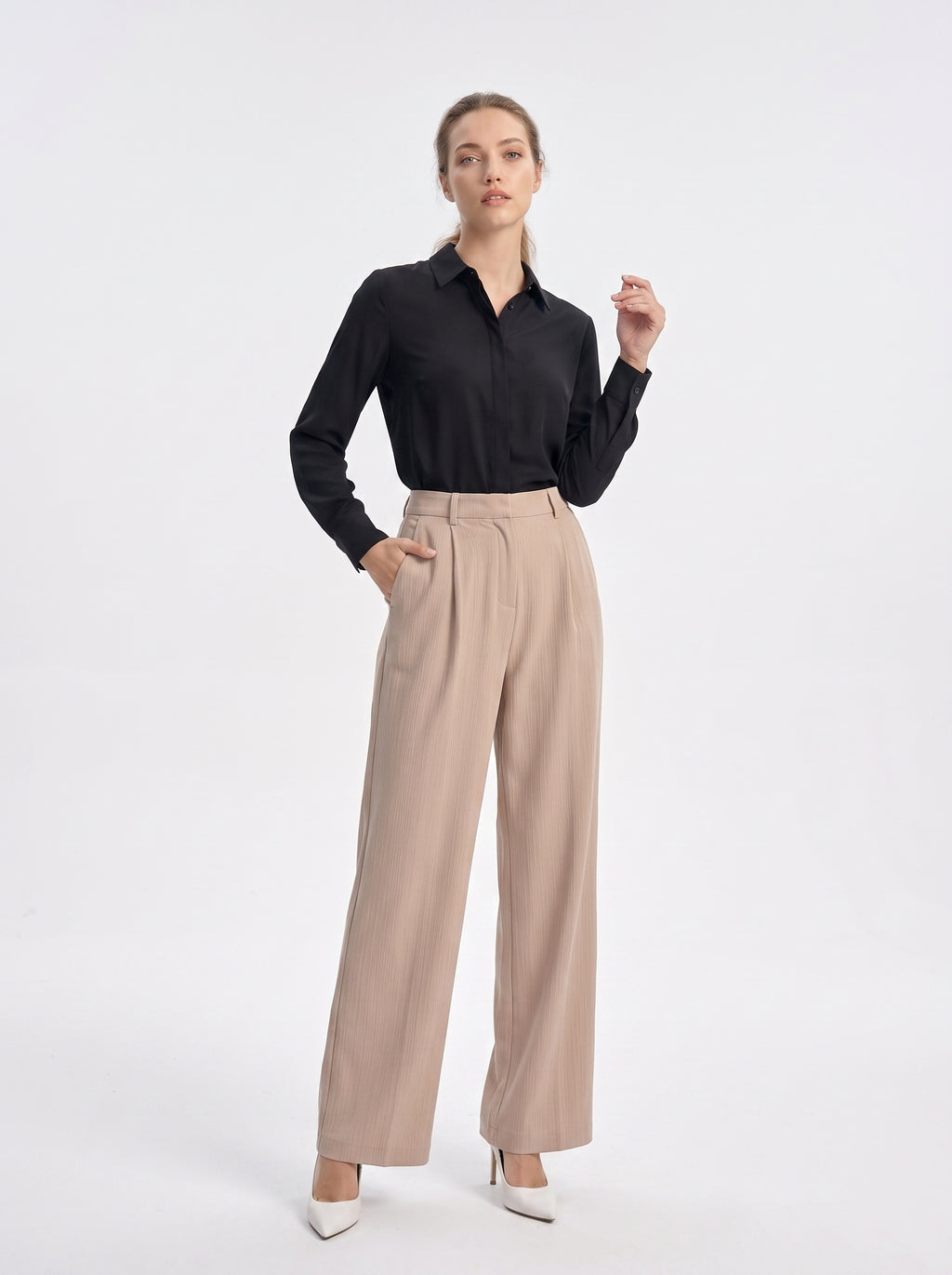 Women's Beige High-Waisted Wide Leg Tailored Trousers – Premium European Office Wear