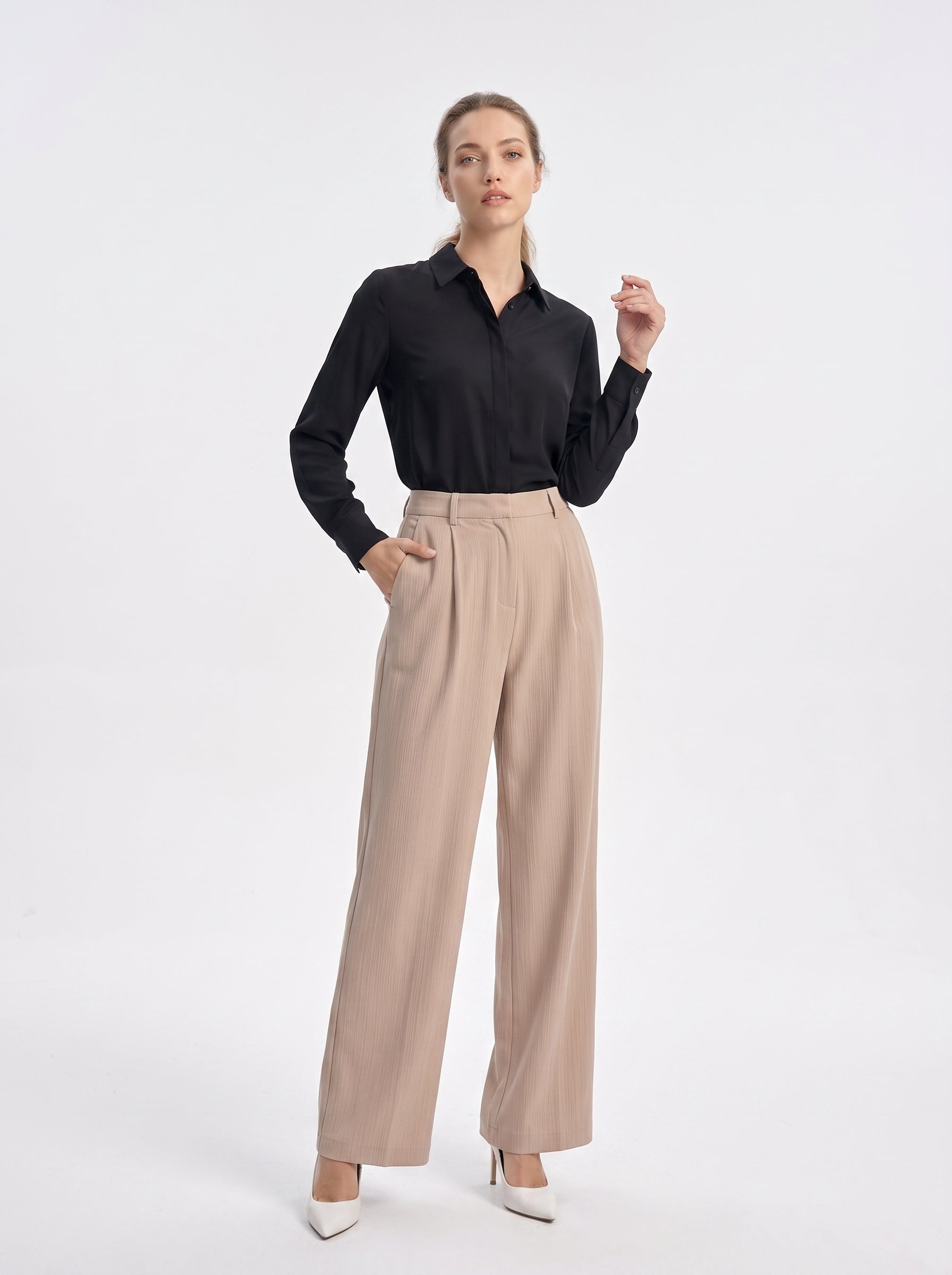 Women's Beige High-Waisted Wide Leg Tailored Trousers – Premium European Office Wear