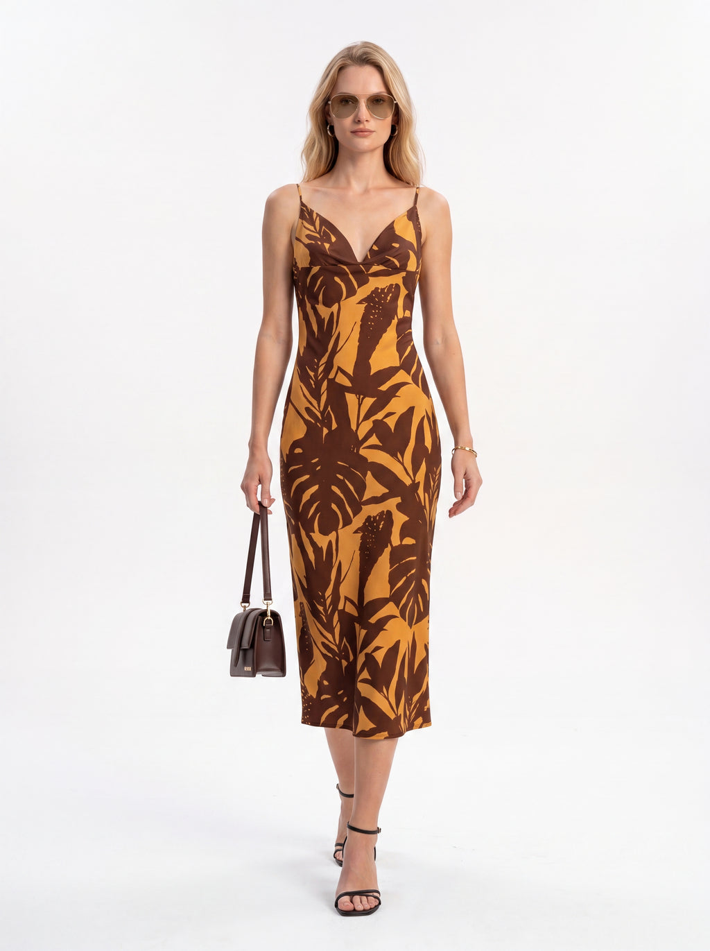 Women's Tropical Print Midi Dress | Premium European Cowl Neck Slip Dress