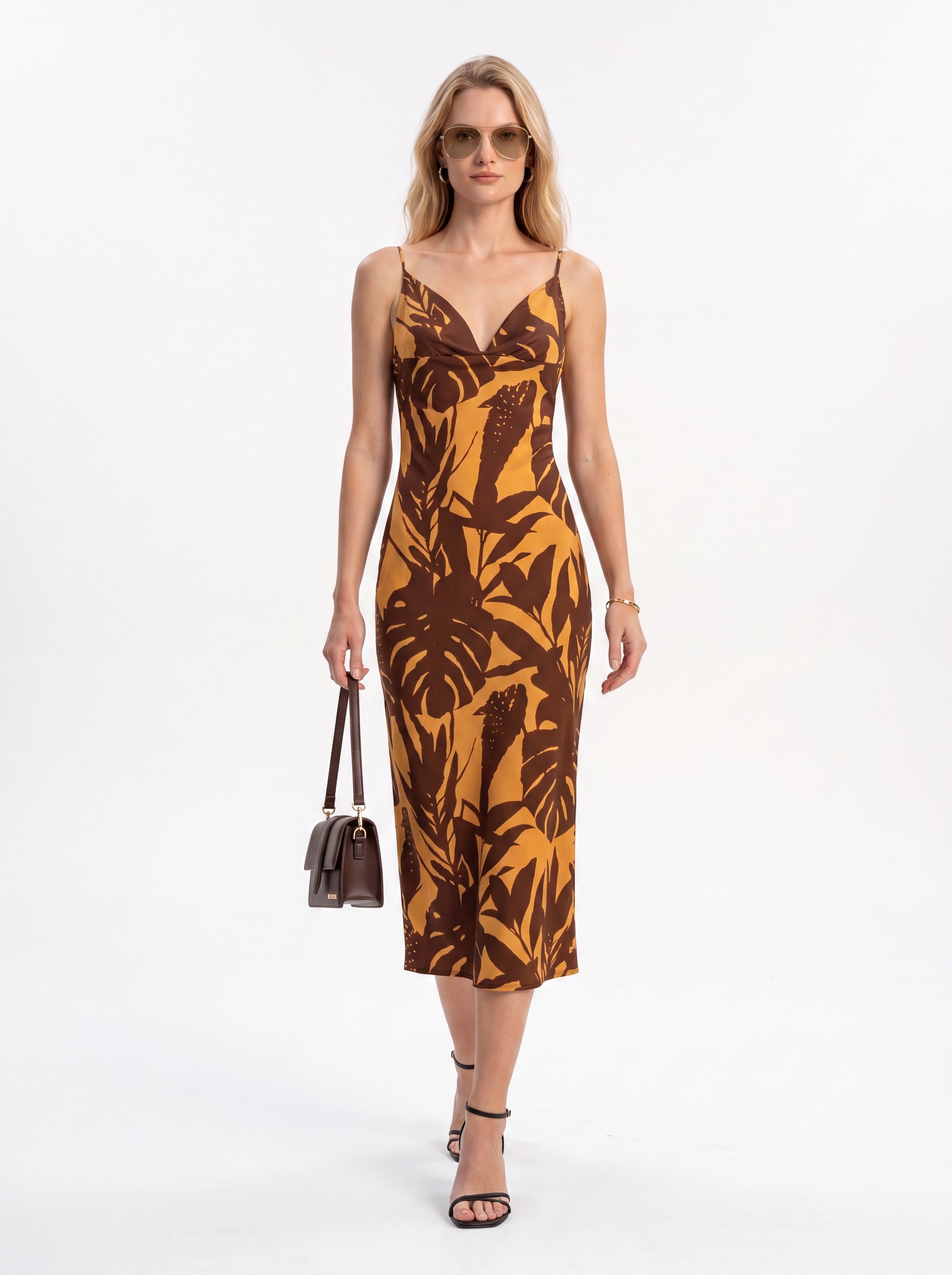 Women's Tropical Print Midi Dress | Premium European Cowl Neck Slip Dress