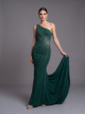 Emerald Green One Shoulder Embellished Evening Gown