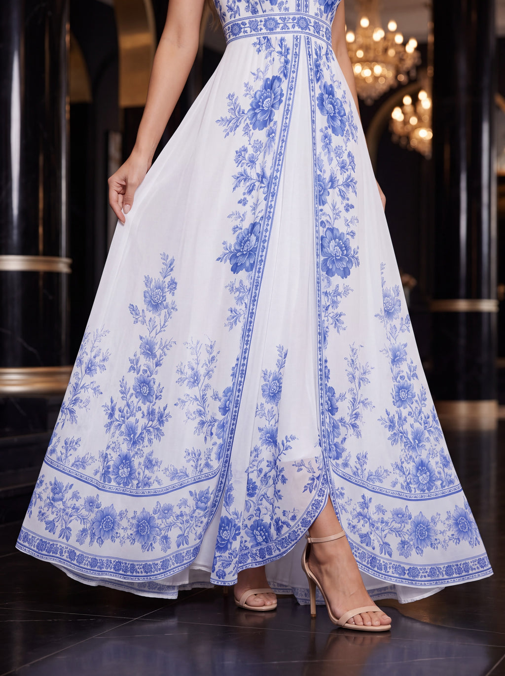 White & Blue Floral Maxi Dress