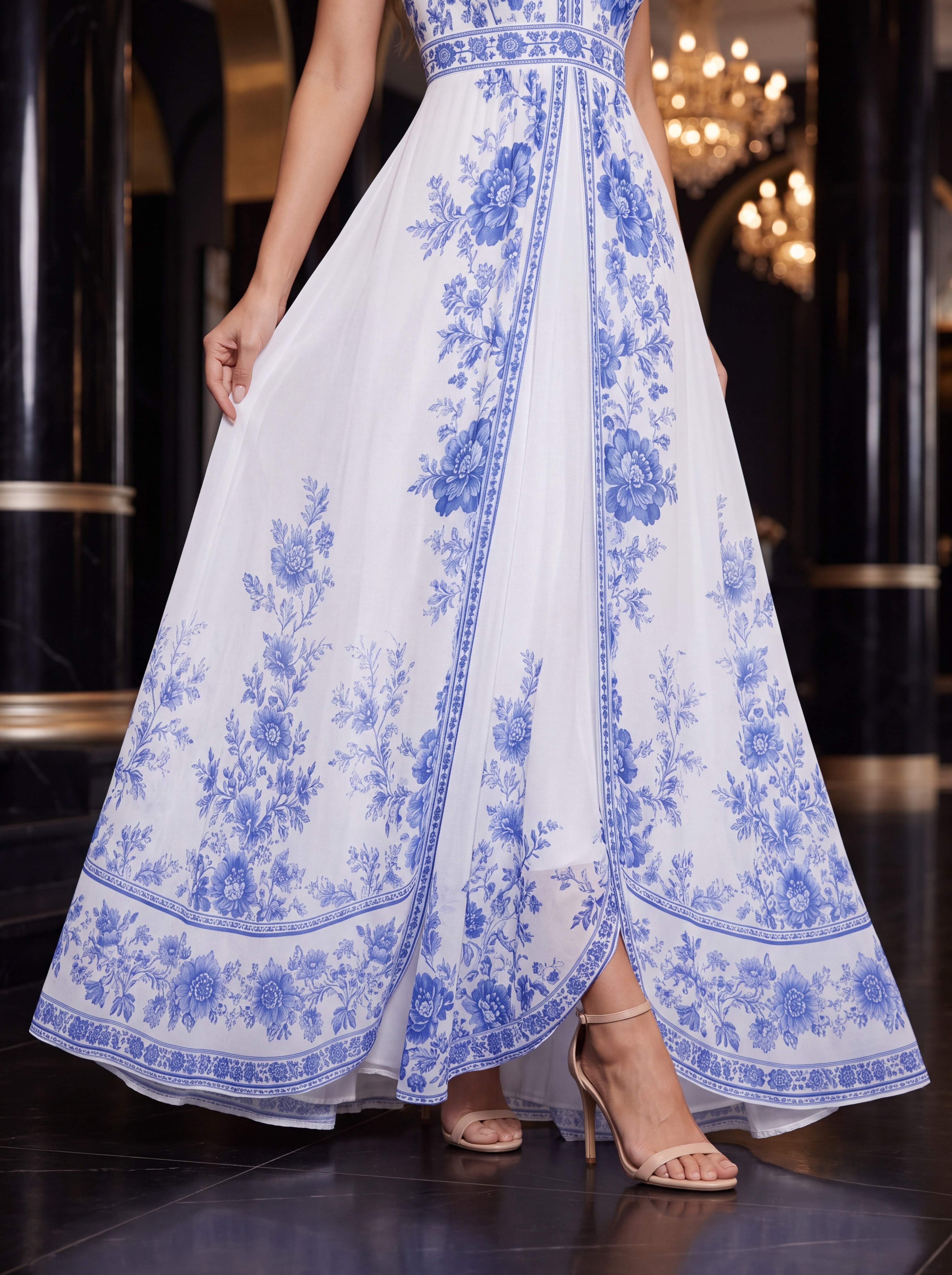 White & Blue Floral Maxi Dress