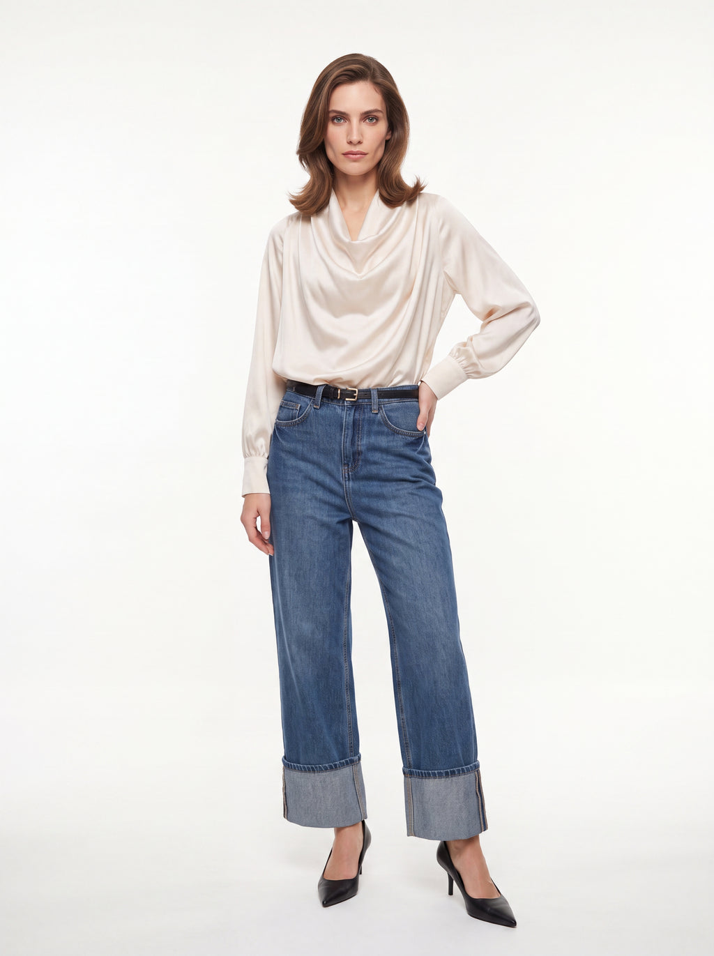 Women's Ivory Satin Cowl Neck Blouse | Premium European Long Sleeve Elegant Top