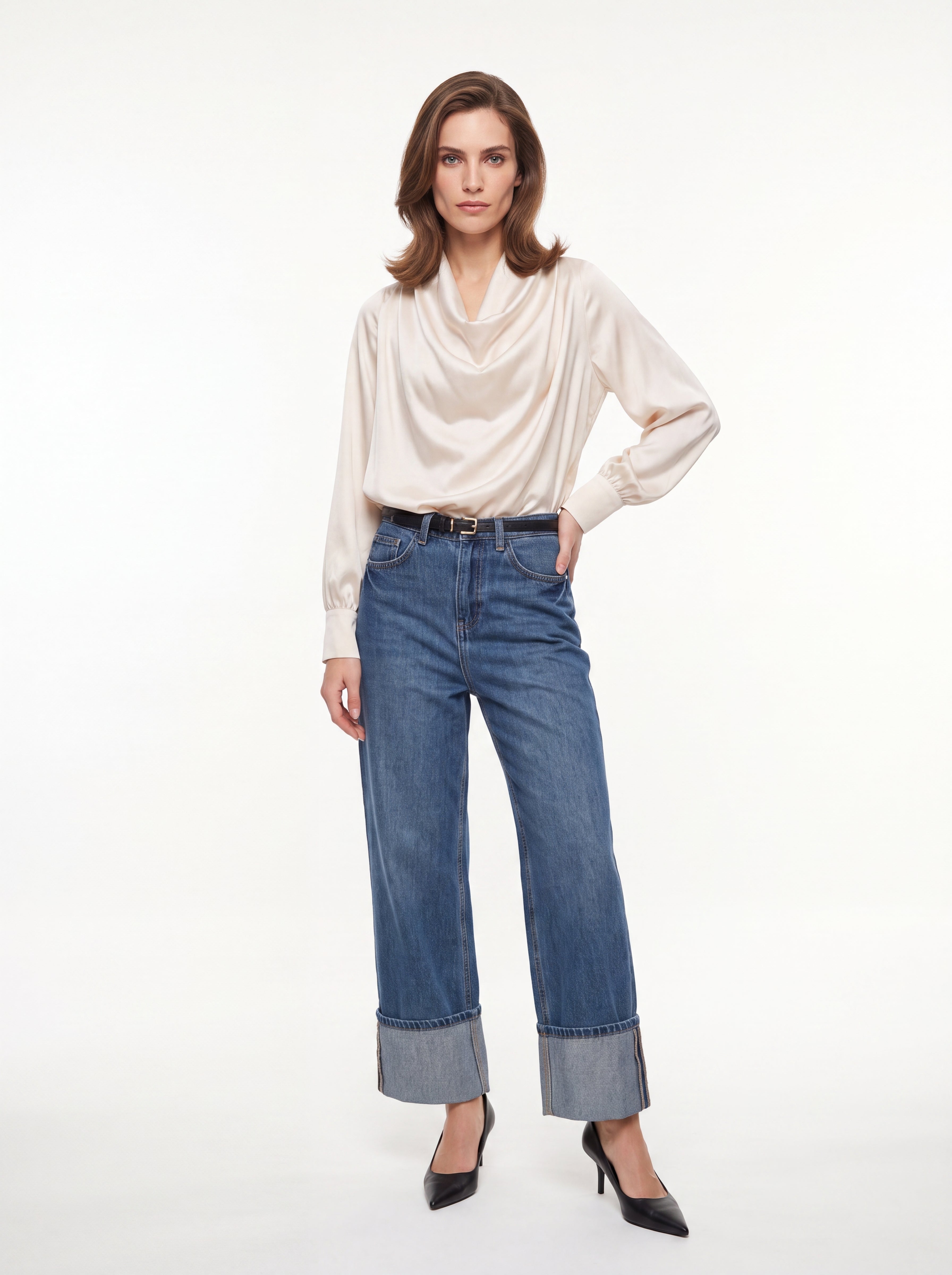Women's Ivory Satin Cowl Neck Blouse | Premium European Long Sleeve Elegant Top