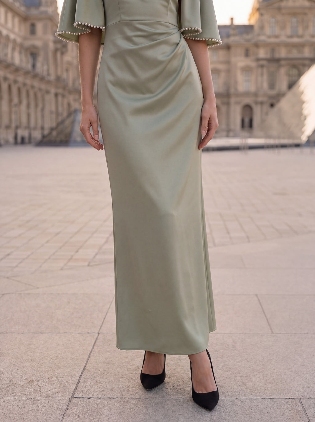 Sage Green Cape Sleeve Evening Gown