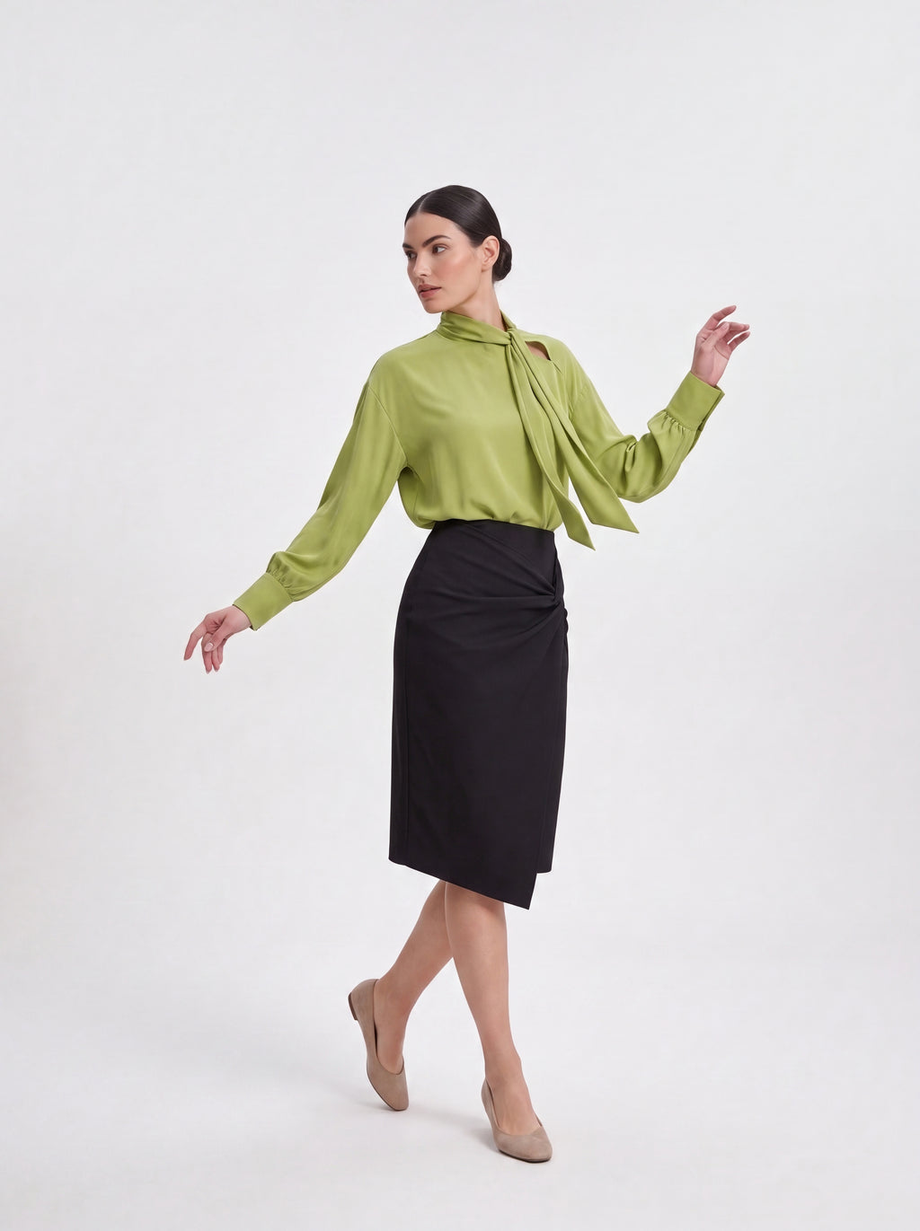 Woman's Sage Green Tie-Neck Blouse | Premium European Women's Elegant Top