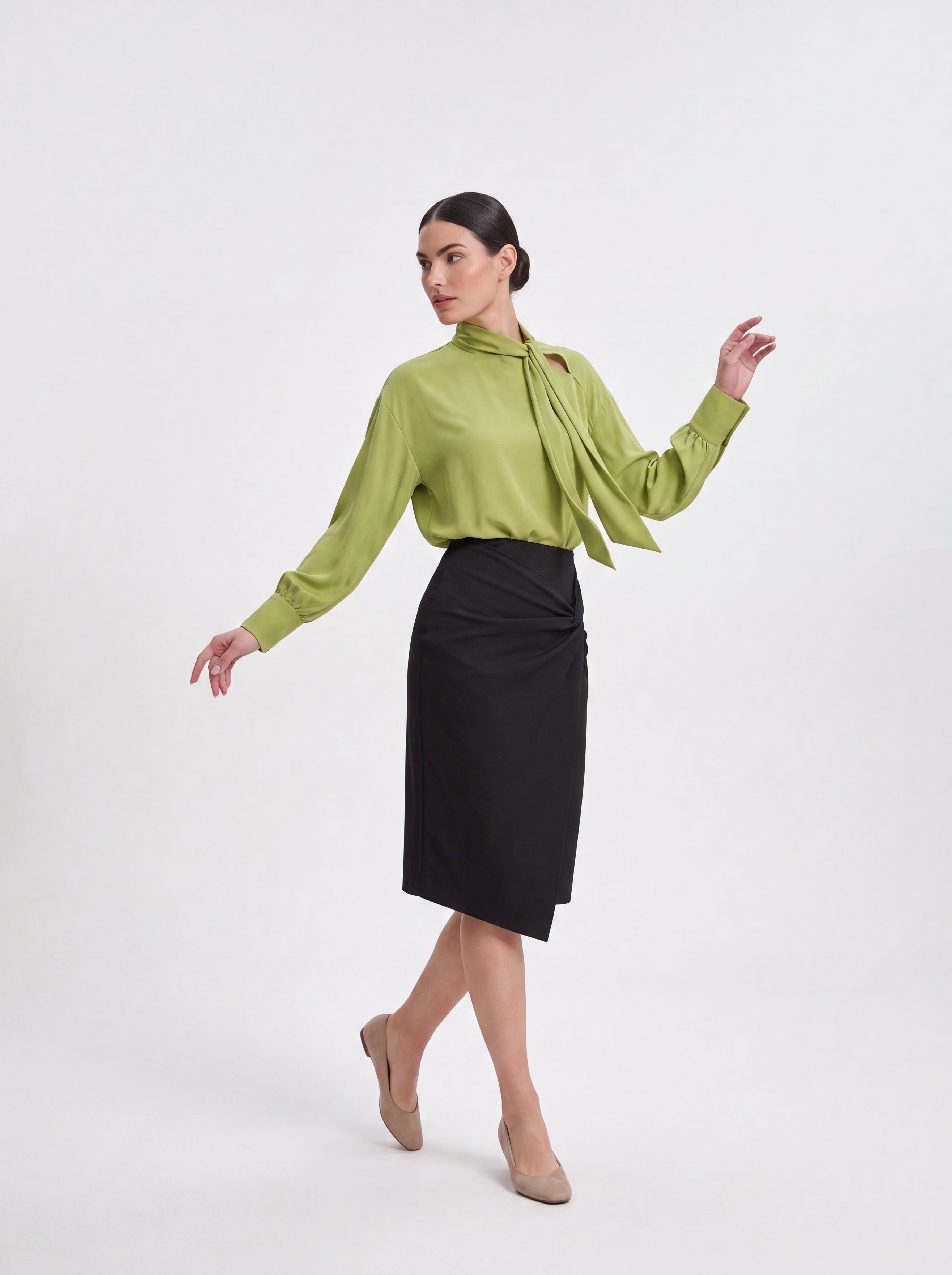 Woman's Sage Green Tie-Neck Blouse | Premium European Women's Elegant Top