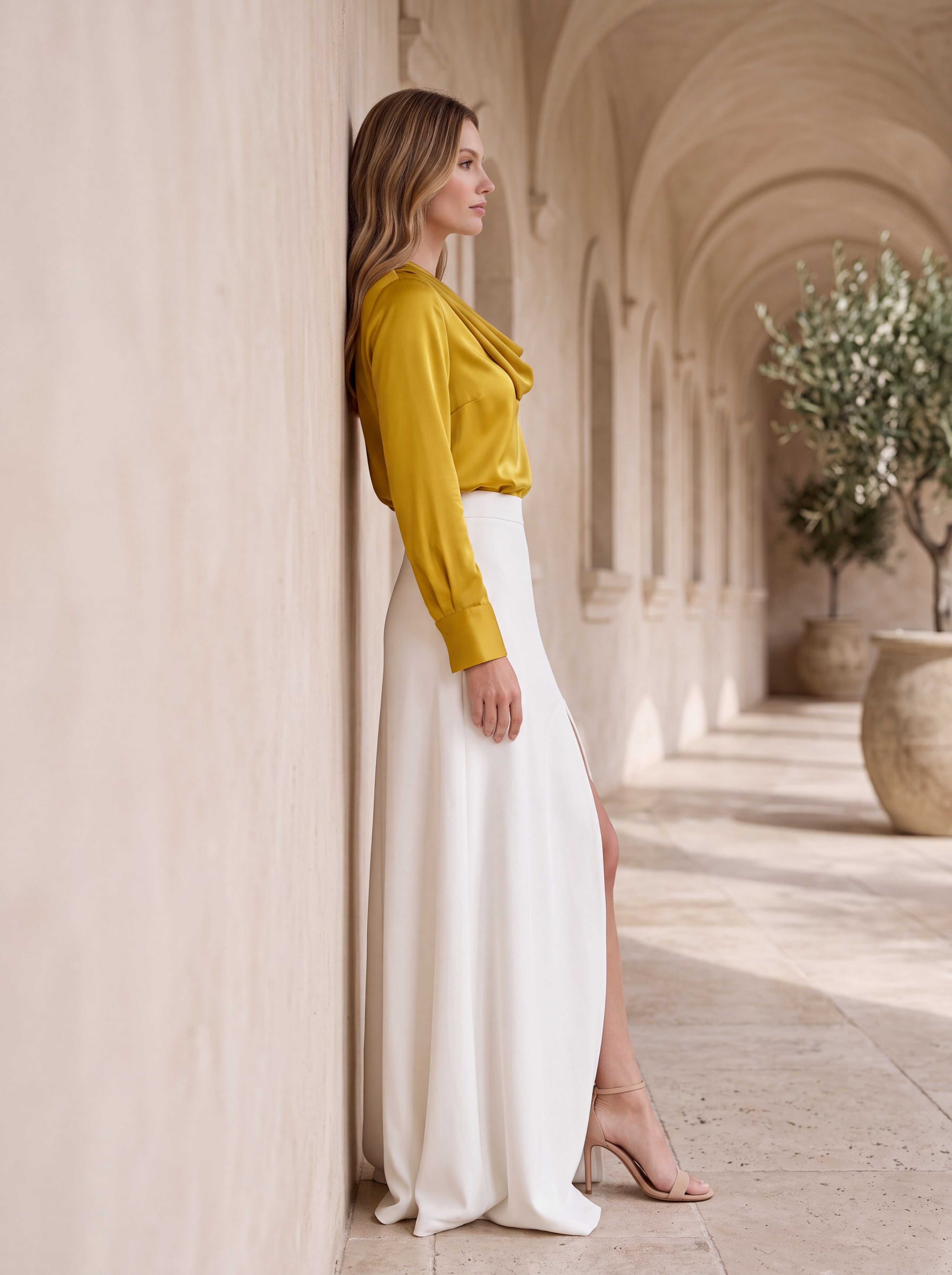 Women's Mustard Satin Cowl Neck Top | Premium European Long Sleeve Top