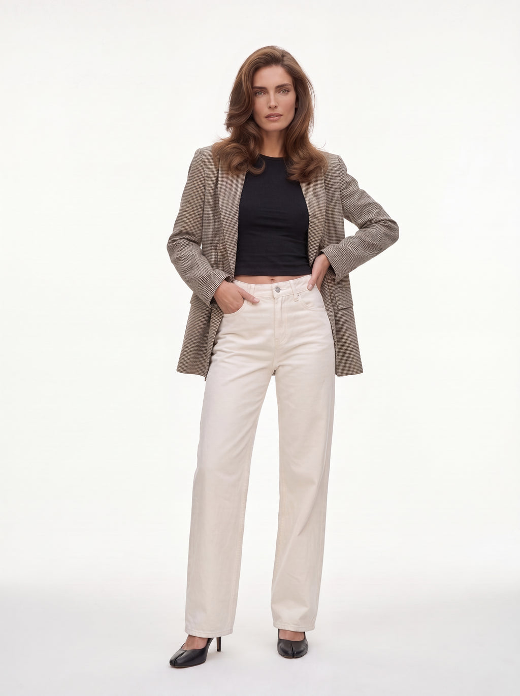 Women's Taupe Checkered Tailored Blazer