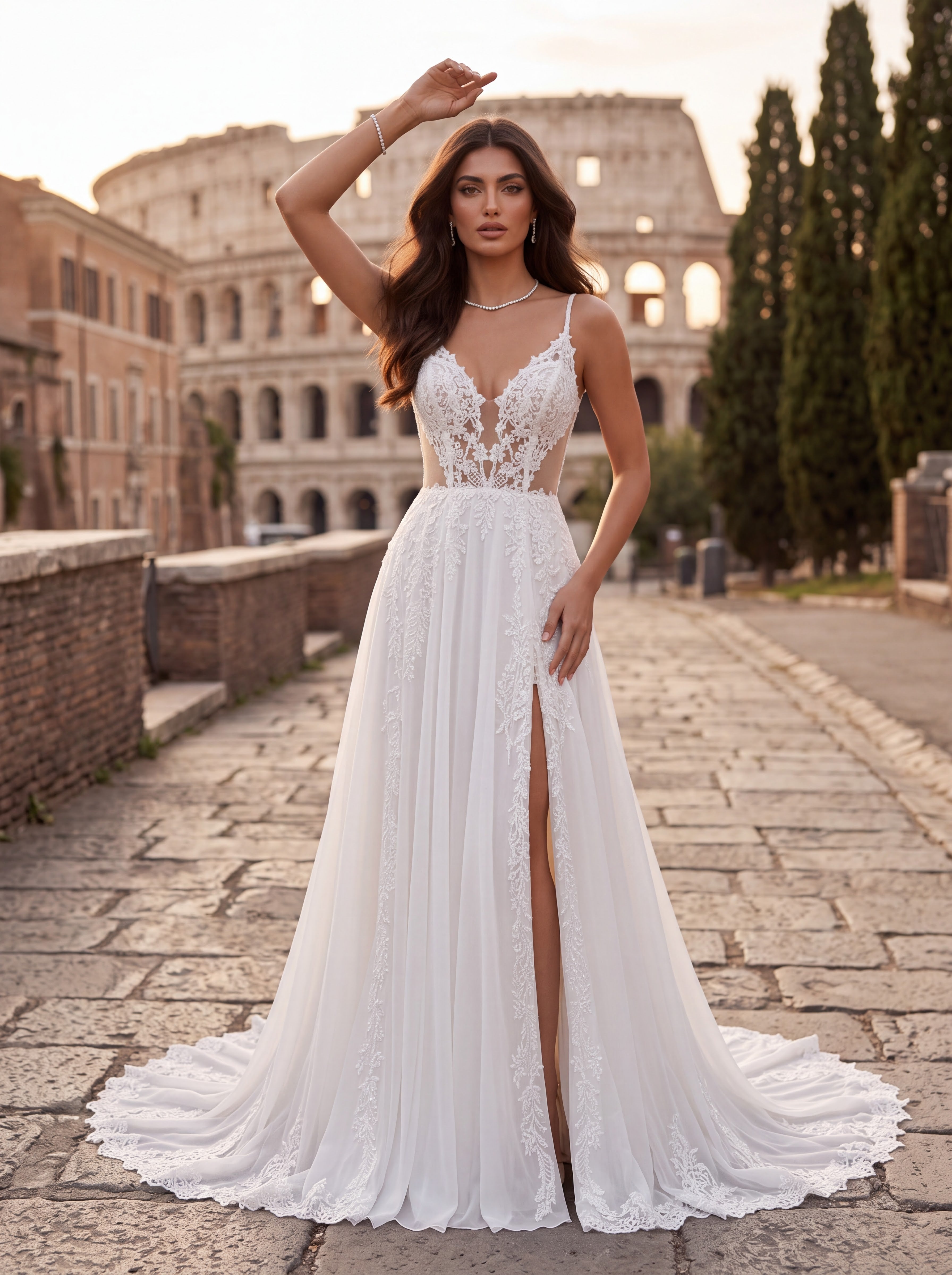 White Lace High Slit Bridal Gown
