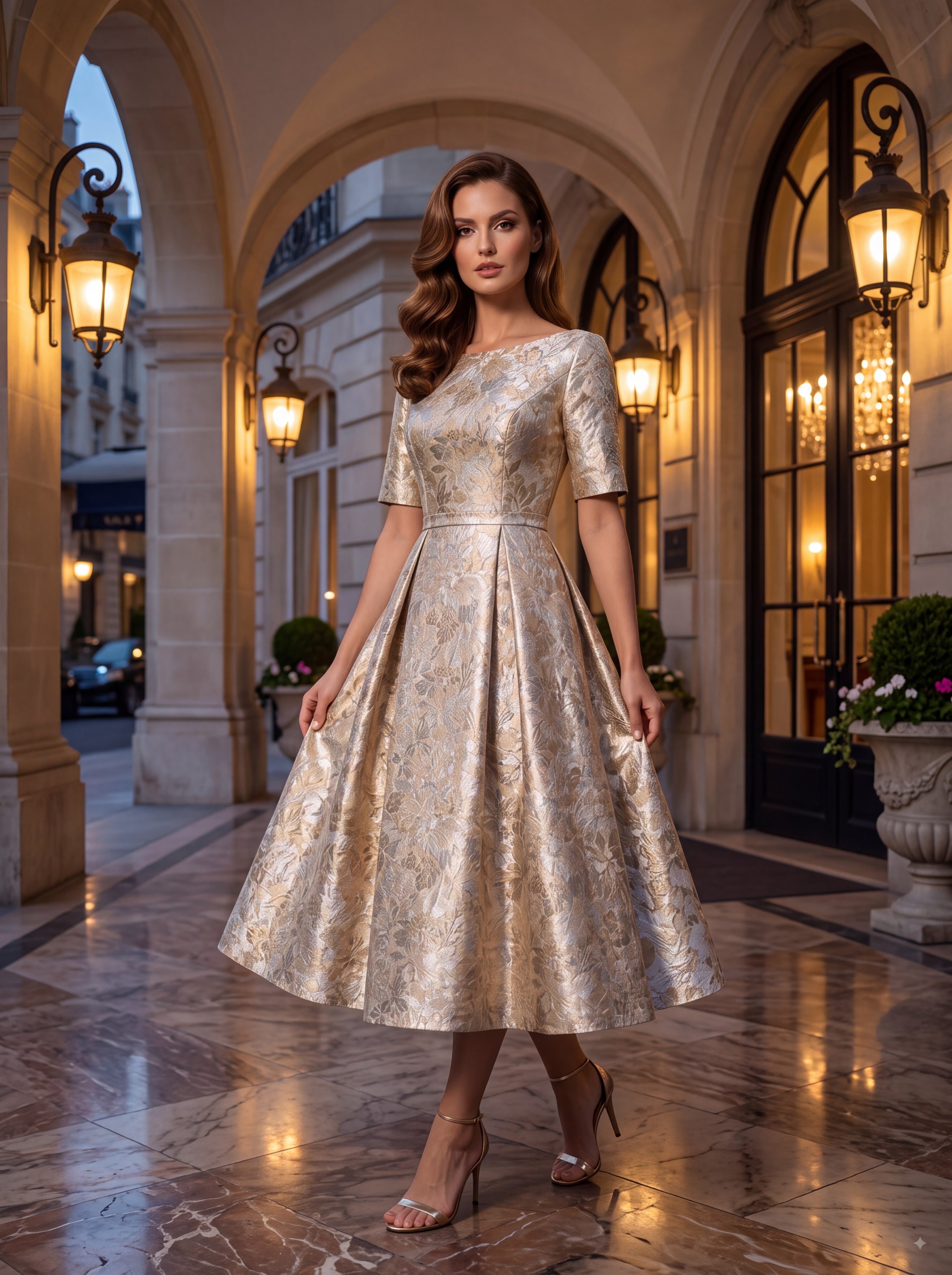 Champagne Floral Jacquard Midi Dress