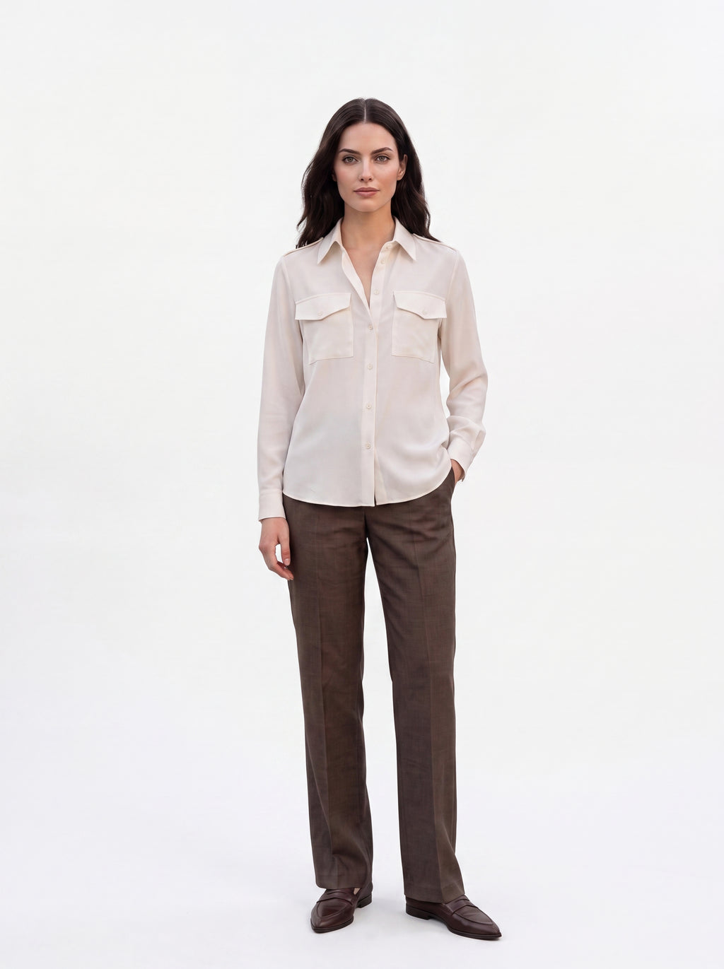 Women's Ivory Silk Button-Down Shirt | Premium European Long Sleeve Office Blouse