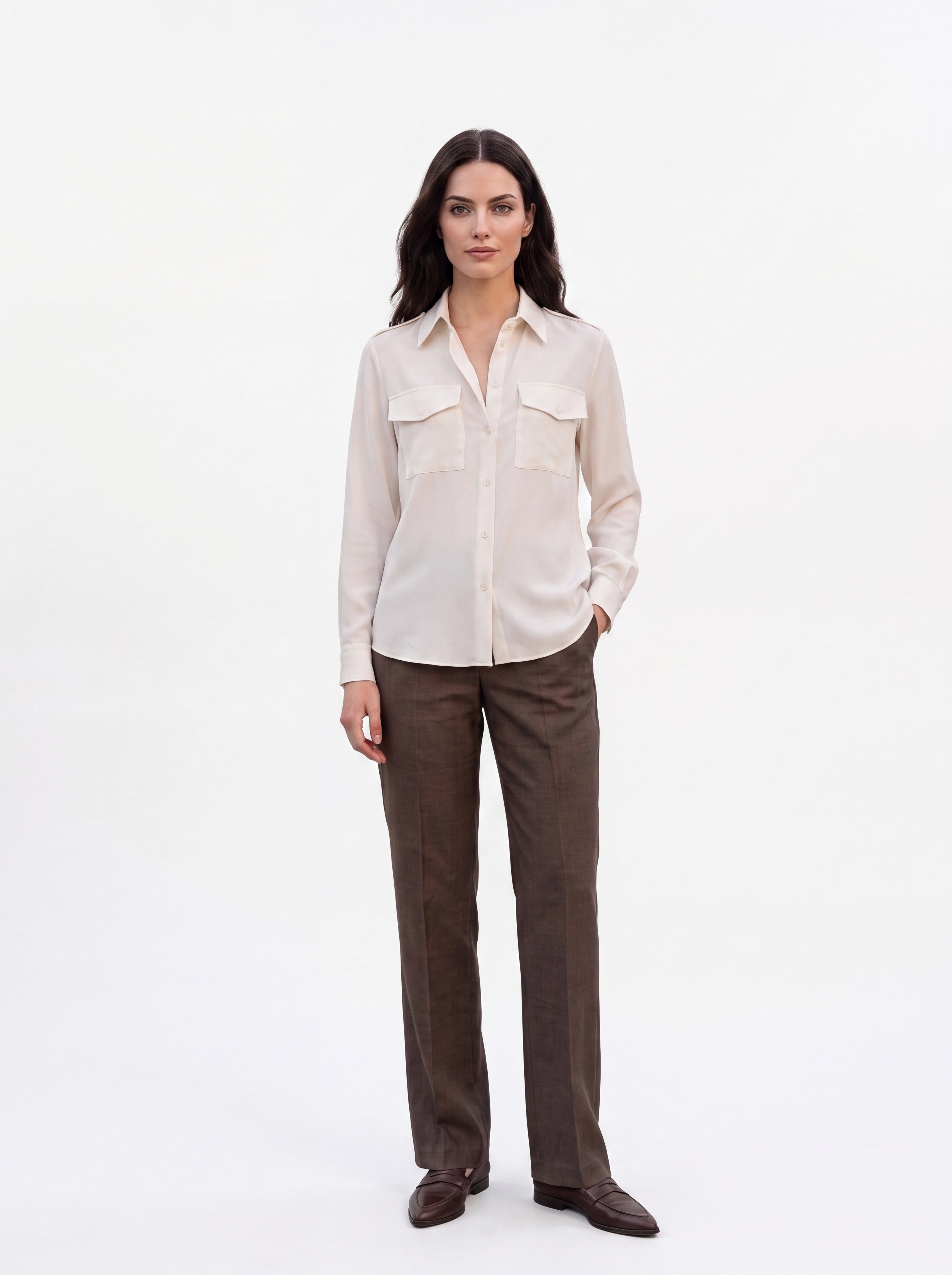 Women's Ivory Silk Button-Down Shirt | Premium European Long Sleeve Office Blouse